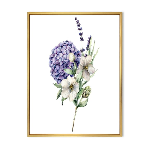 Designart 'Bouquet Of Lavender Anemone Artichoke & Hydrangea ' Traditional Framed Canvas Wall Art Print