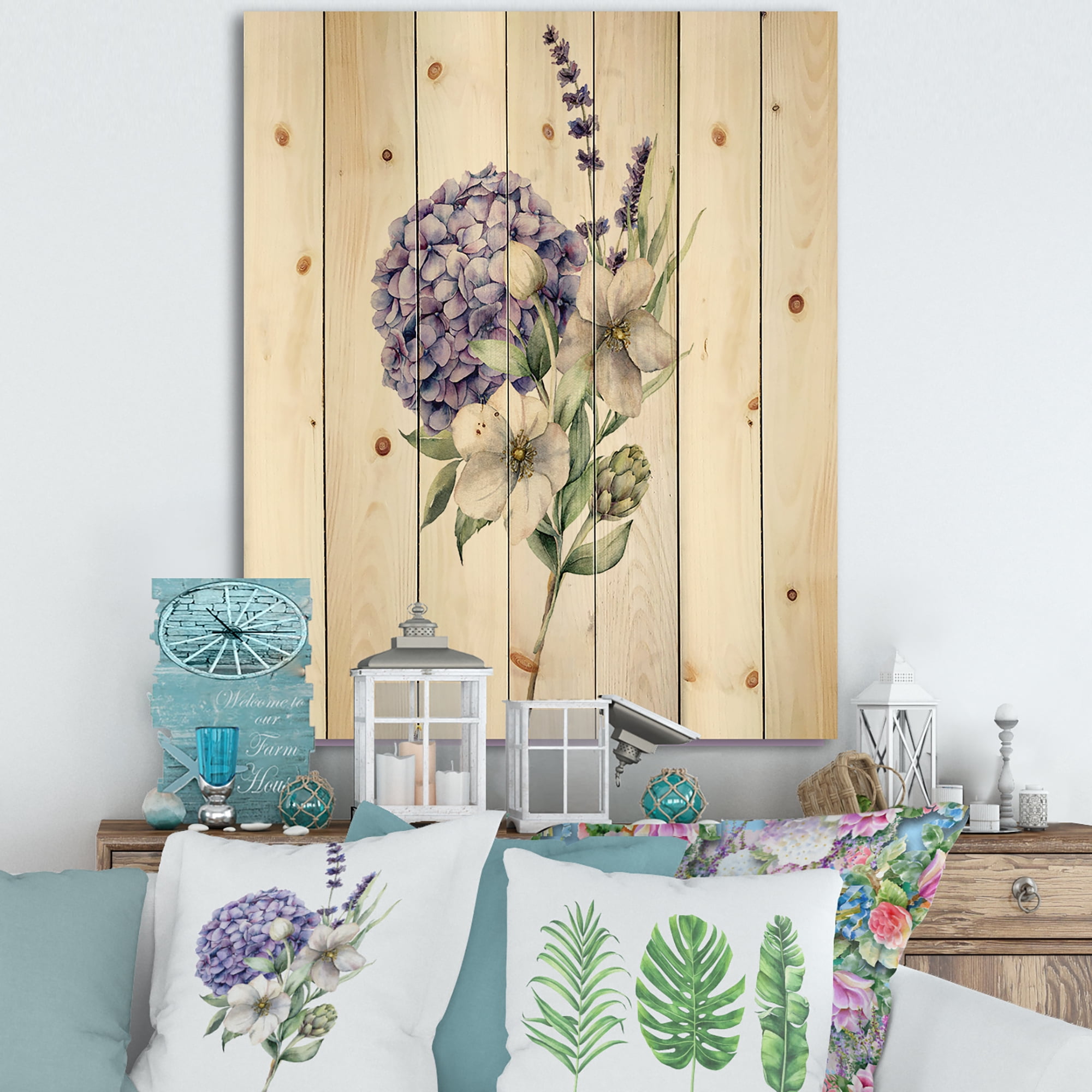 Designart 'Bouquet Of Lavender Anemone Artichoke & Hydrangea ' Traditional Print on Natural Pine Wood