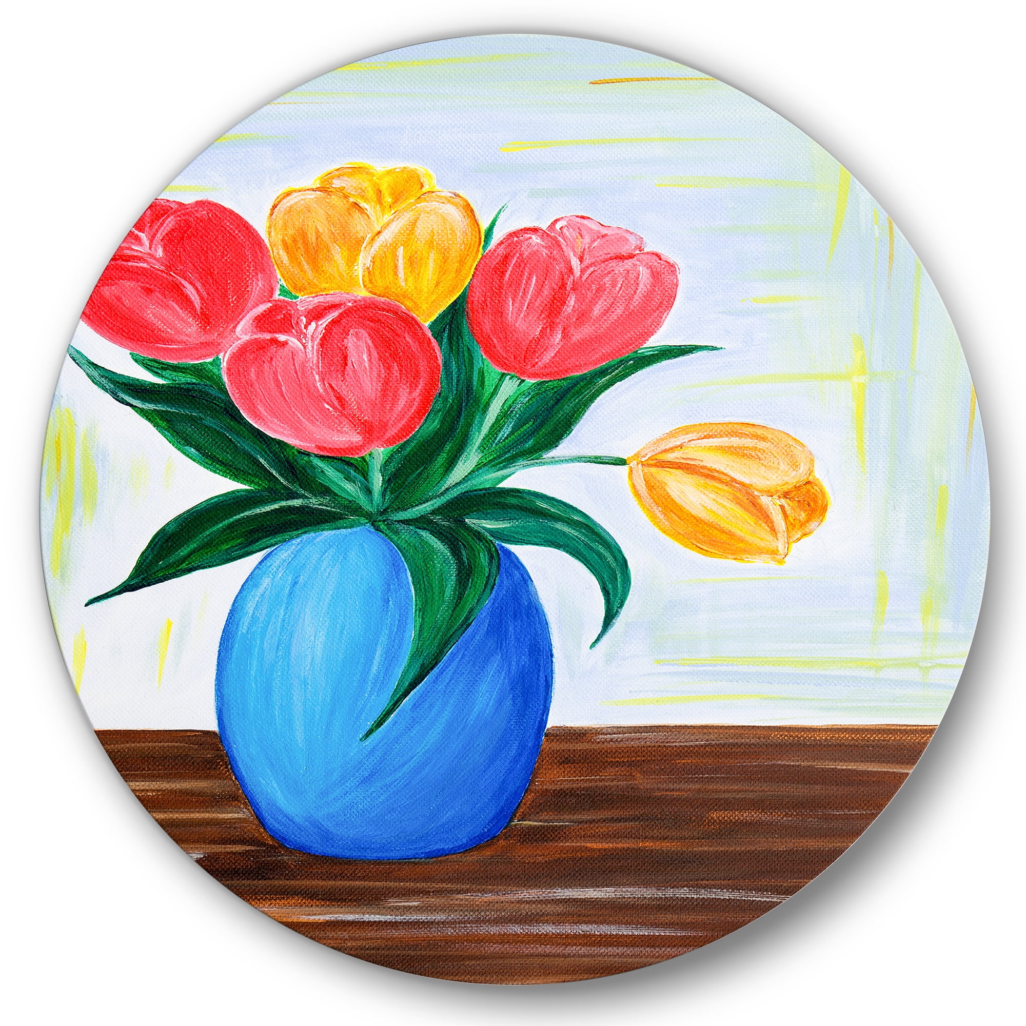 Designart 'Bouquet Of Orange and Red Tulips In A Vase' Traditional Circle Metal Wall Art 11x11 - Disc of 11