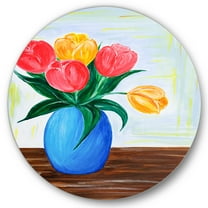 Designart 'Bouquet Of Orange and Red Tulips In A Vase' Traditional Circle Metal Wall Art 36x36 - Disc of 36