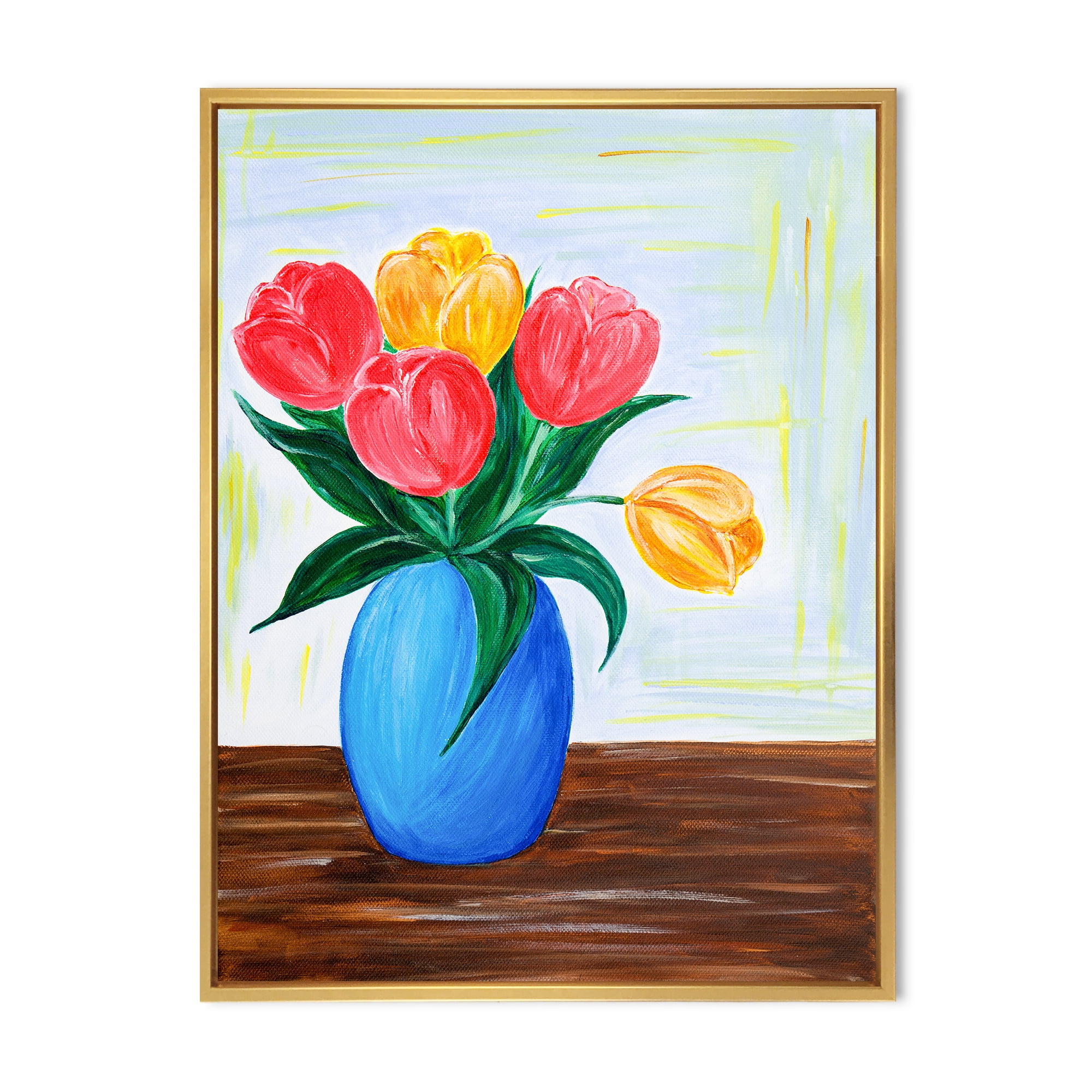 Designart 'Bouquet Of Orange and Red Tulips In A Vase' Traditional Framed Canvas Wall Art Print