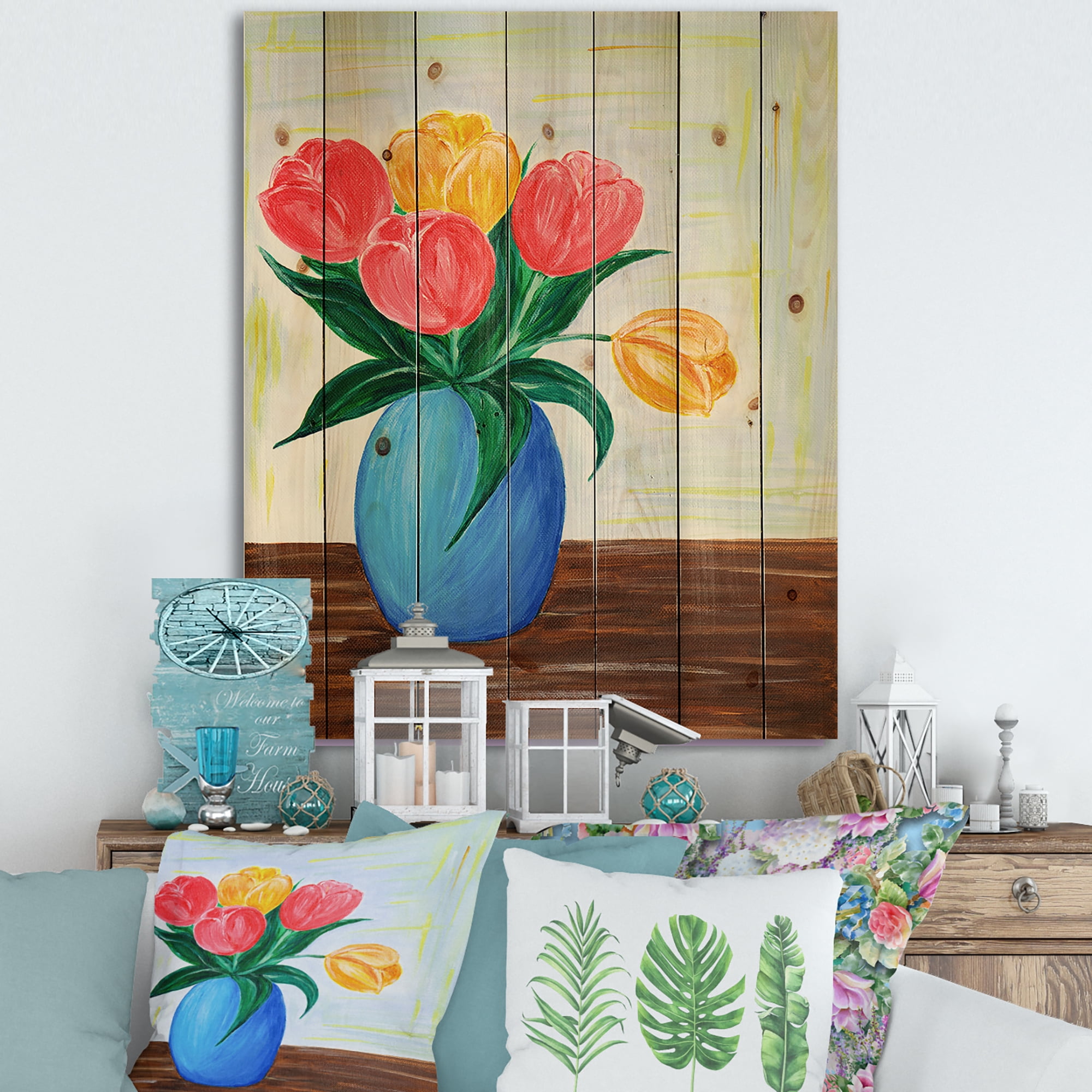 Designart 'Bouquet Of Orange and Red Tulips In A Vase' Traditional Print on Natural Pine Wood