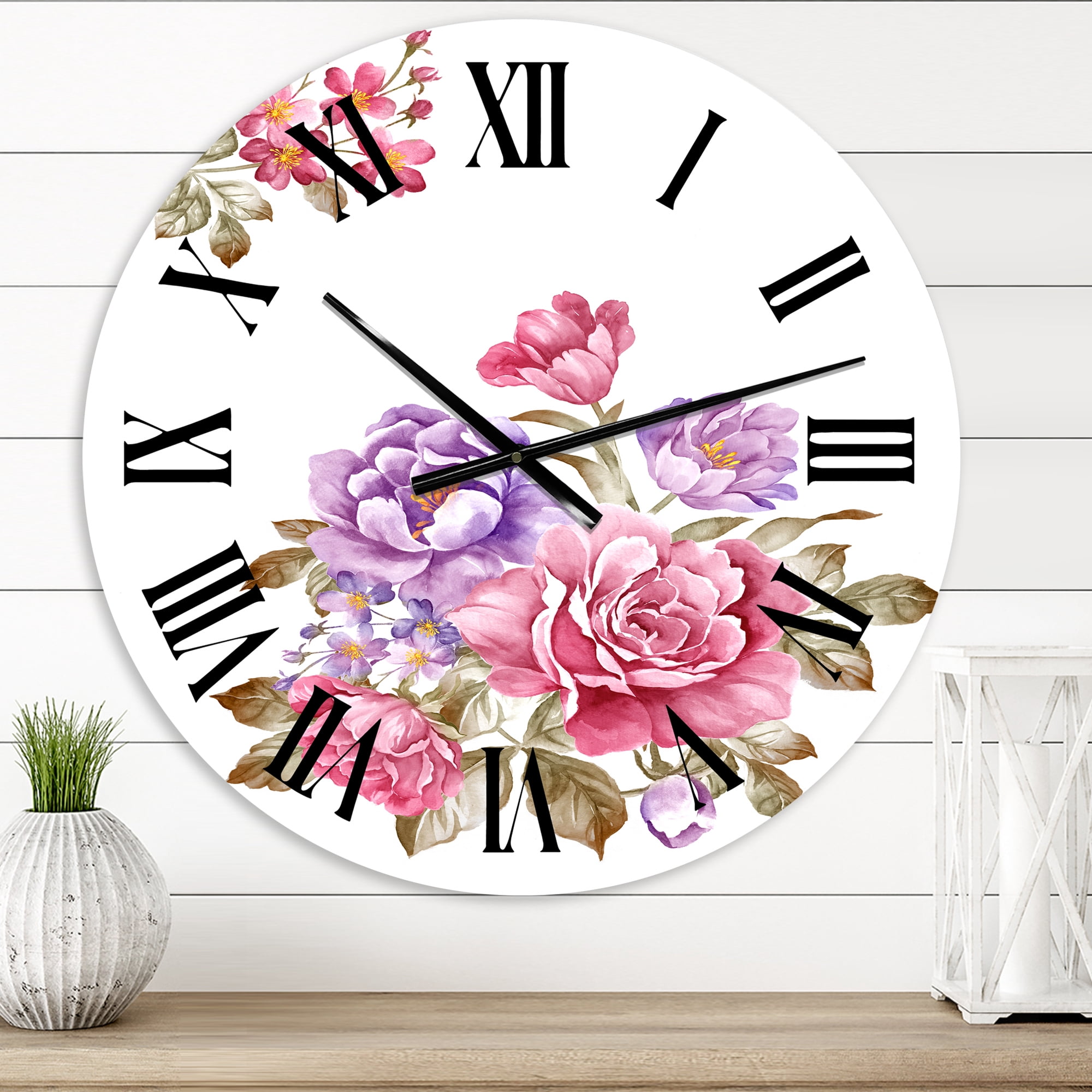 Designart 'Bouquet Of Pink And Purple Flowers I' Farmhouse Wall Clock