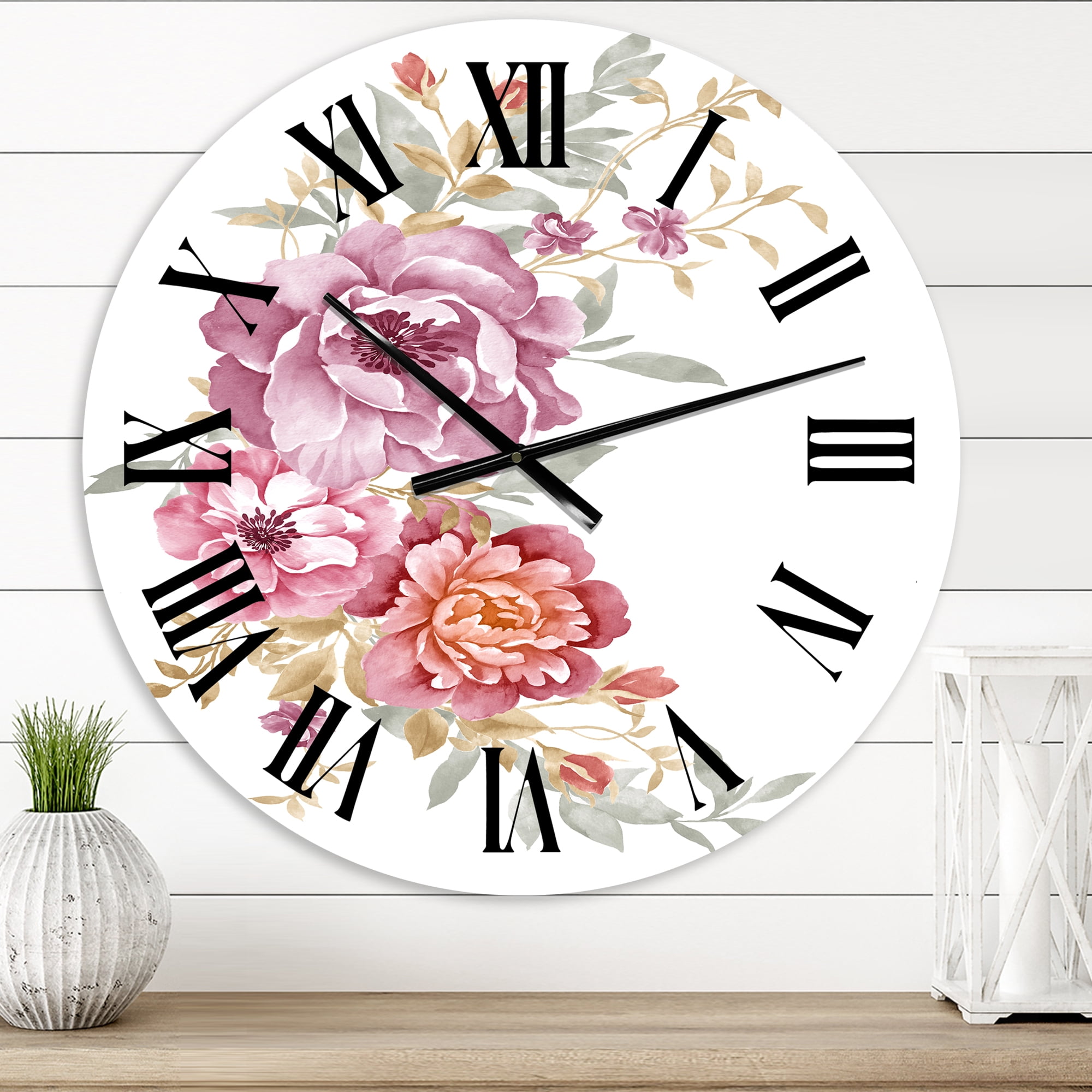 Designart 'Bouquet Of Pink And Purple Flowers Iii' Farmhouse Wall Clock