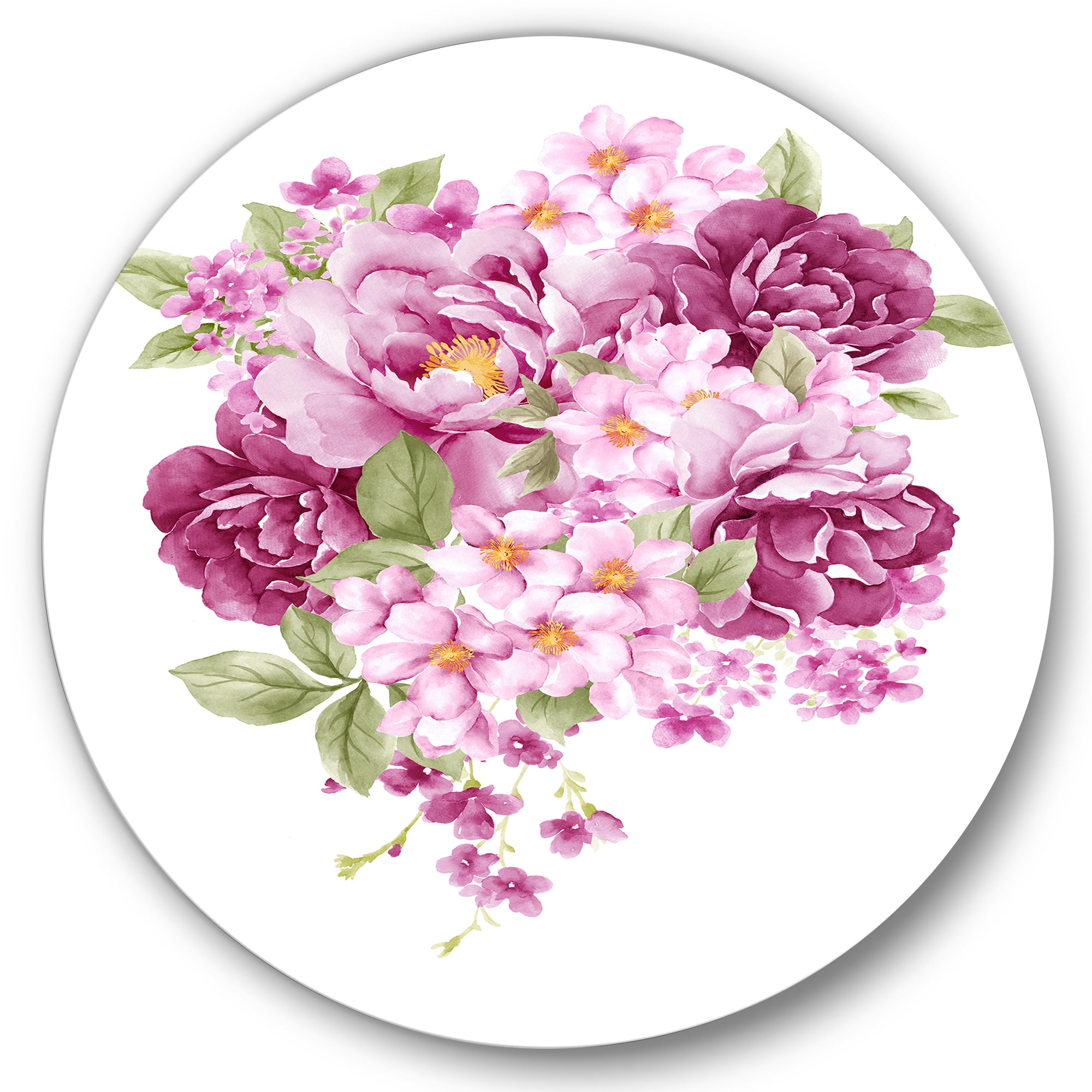 Designart 'Bouquet Of Pink Retro Flowers' Traditional Circle Metal Wall Art 11x11 - Disc of 11