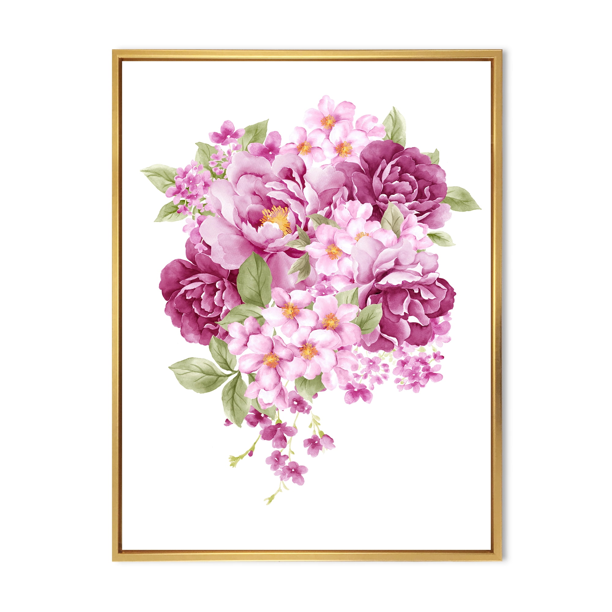 Designart 'Bouquet Of Pink Retro Flowers' Traditional Framed Canvas Wall Art Print