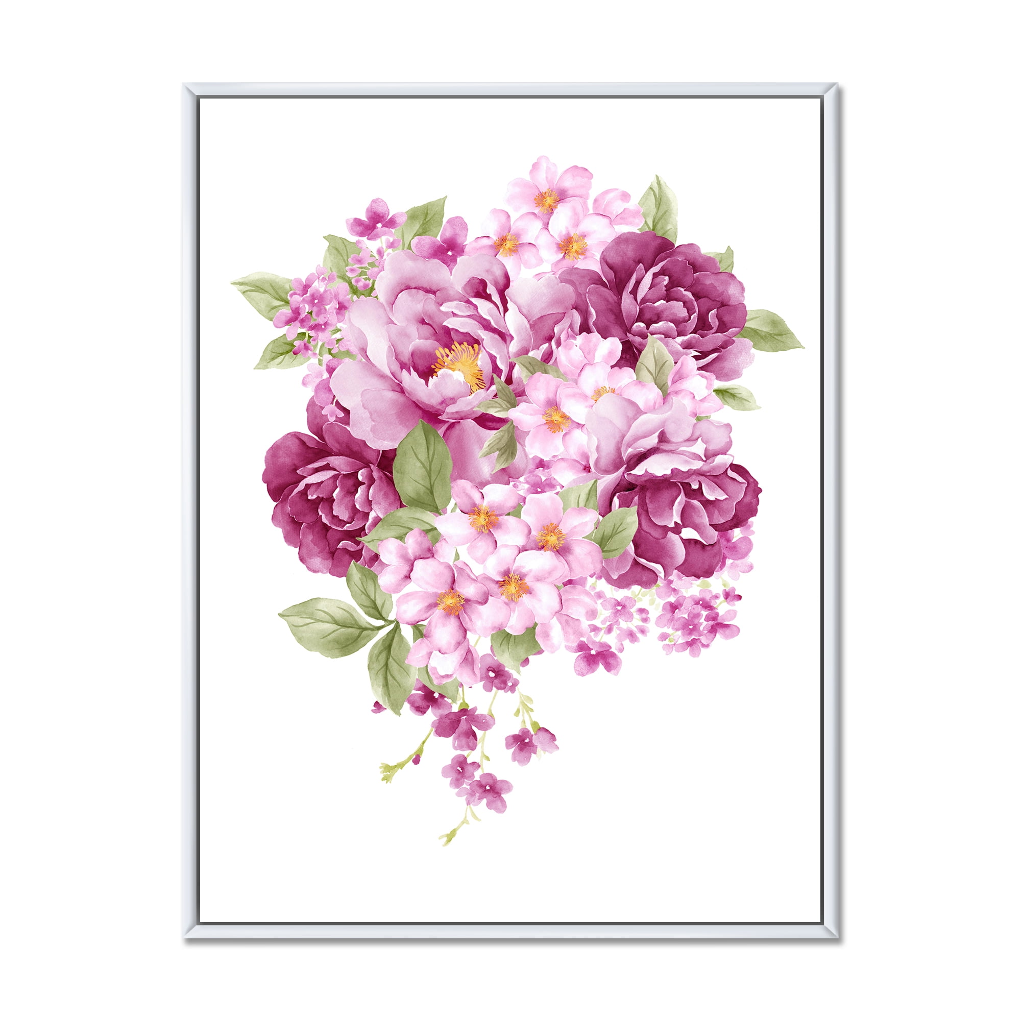 Designart 'Bouquet Of Pink Retro Flowers' Traditional Framed Canvas Wall Art Print