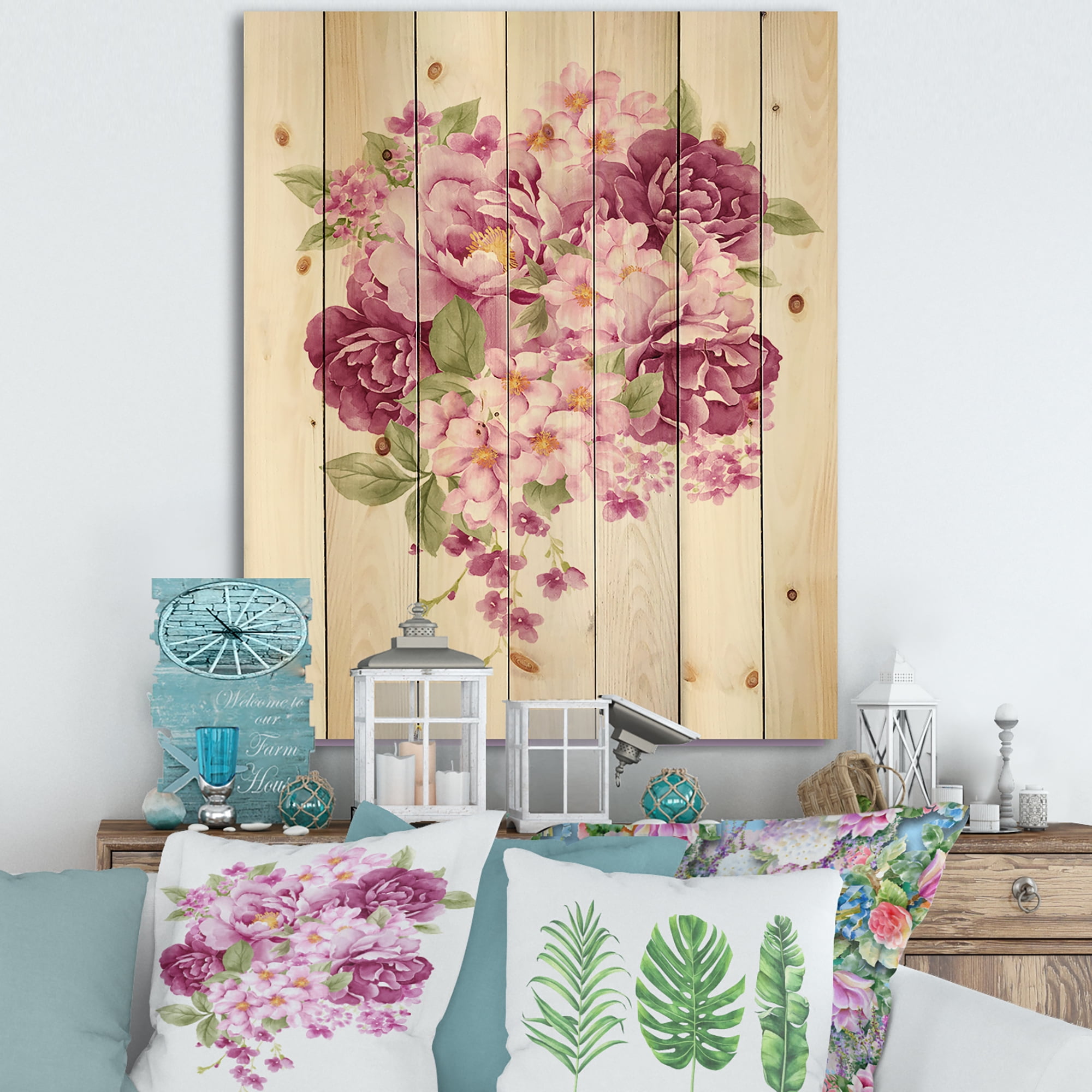 Designart 'Bouquet Of Pink Retro Flowers' Traditional Print on Natural Pine Wood