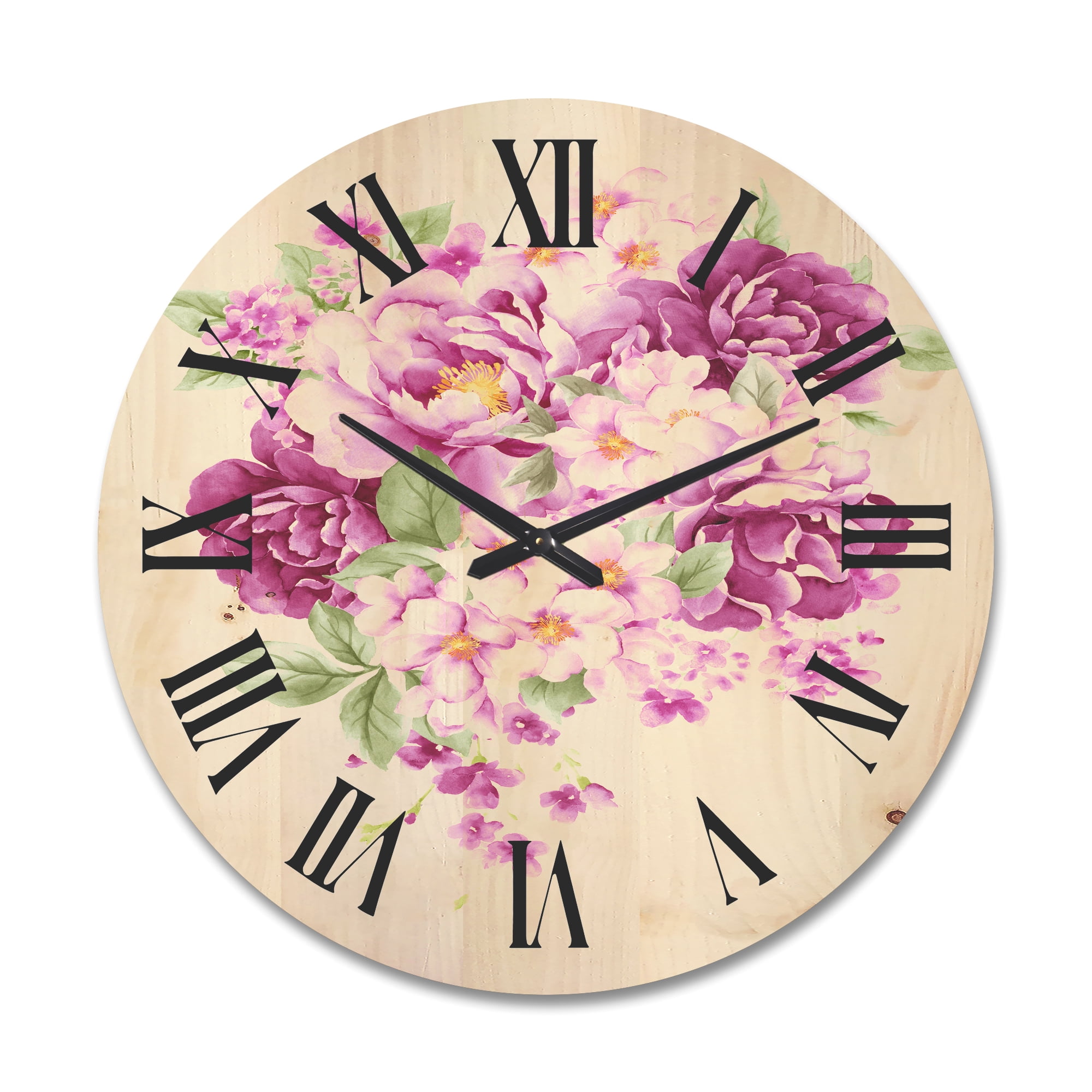Designart 'Bouquet Of Pink Retro Flowers' Traditional Wood Wall Clock