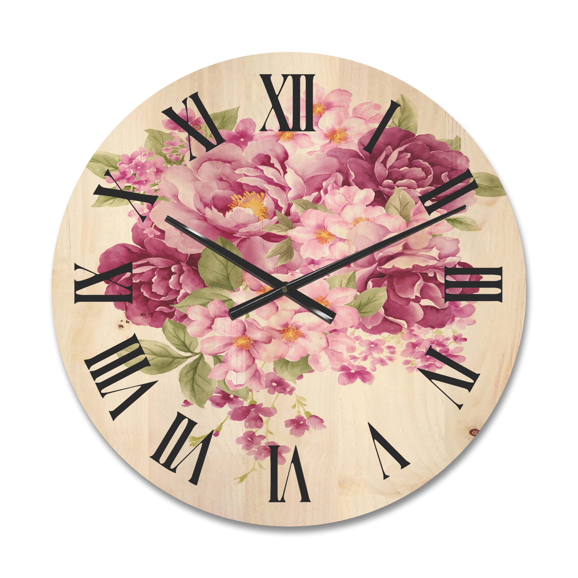 Designart 'Bouquet Of Pink Retro Flowers' Traditional Wood Wall Clock