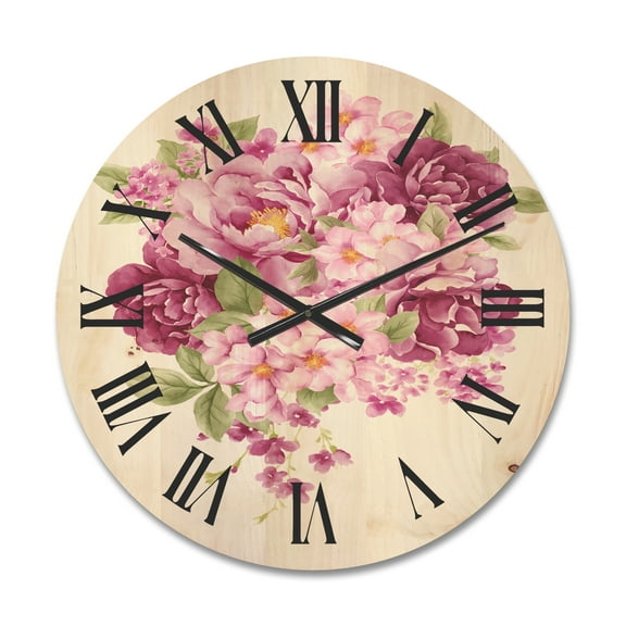 Designart 'Bouquet Of Pink Retro Flowers' Traditional Wood Wall Clock