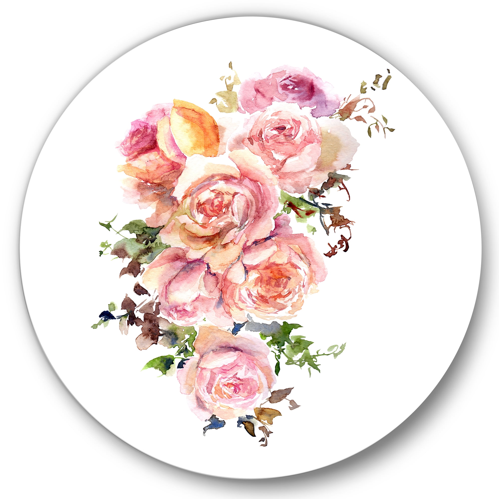 Designart 'Bouquet Of Pink Roses Flowers' Traditional Circle Metal Wall Art 36x36 - Disc of 36