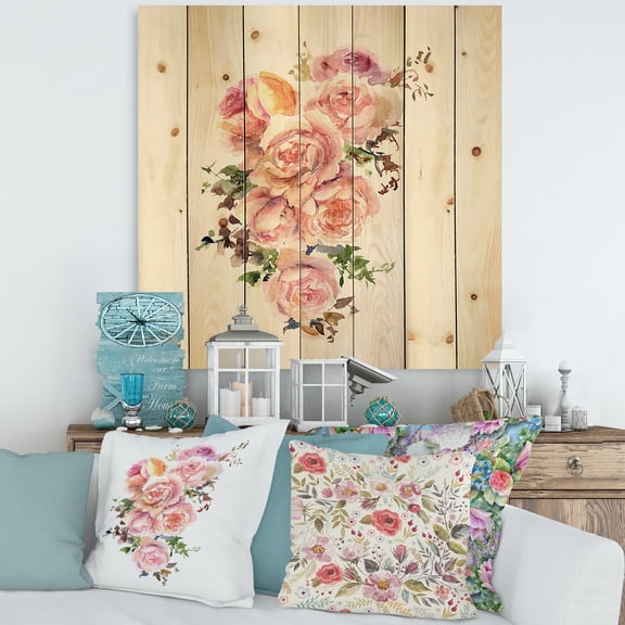 Designart 'Bouquet Of Pink Roses Flowers' Traditional Print on Natural Pine Wood