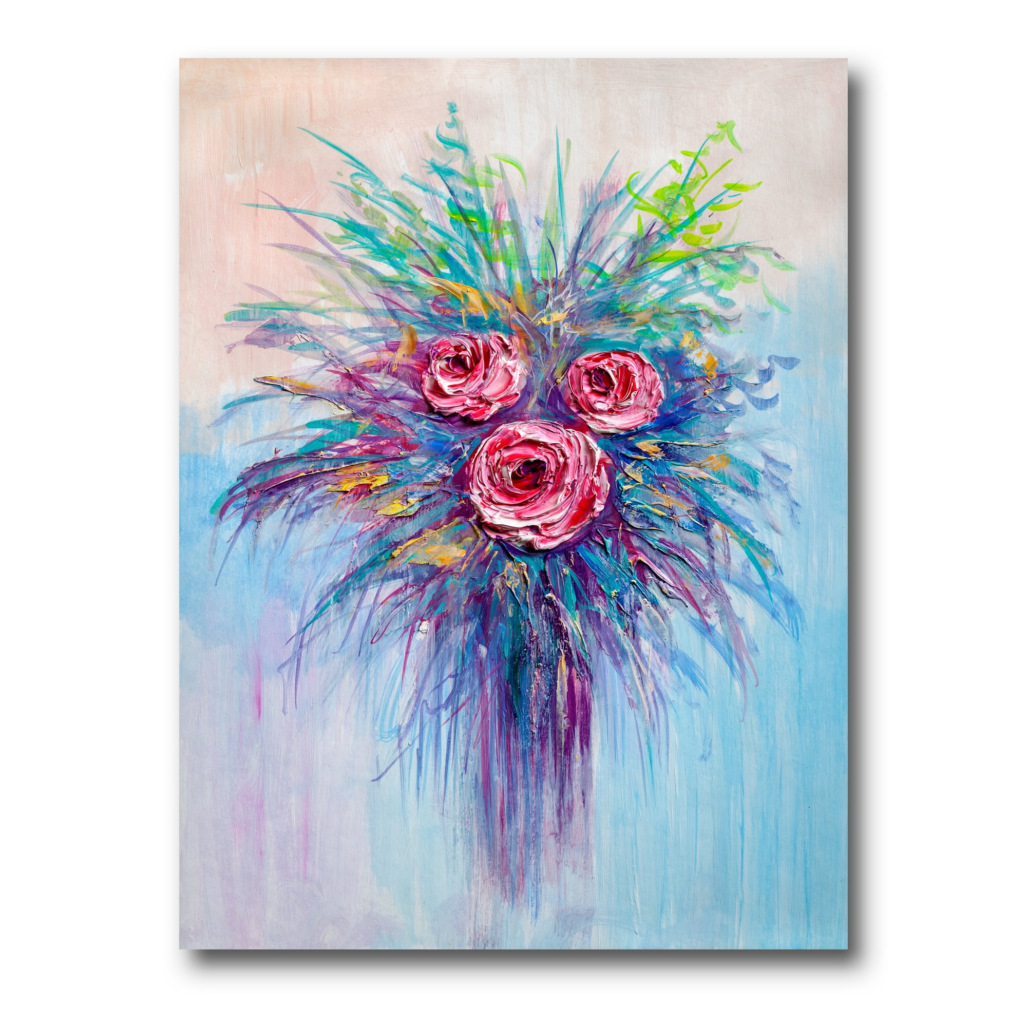 Designart ' Bouquet Of Red Roses In A Vase On Blue ' Traditional Canvas Wall Art Print