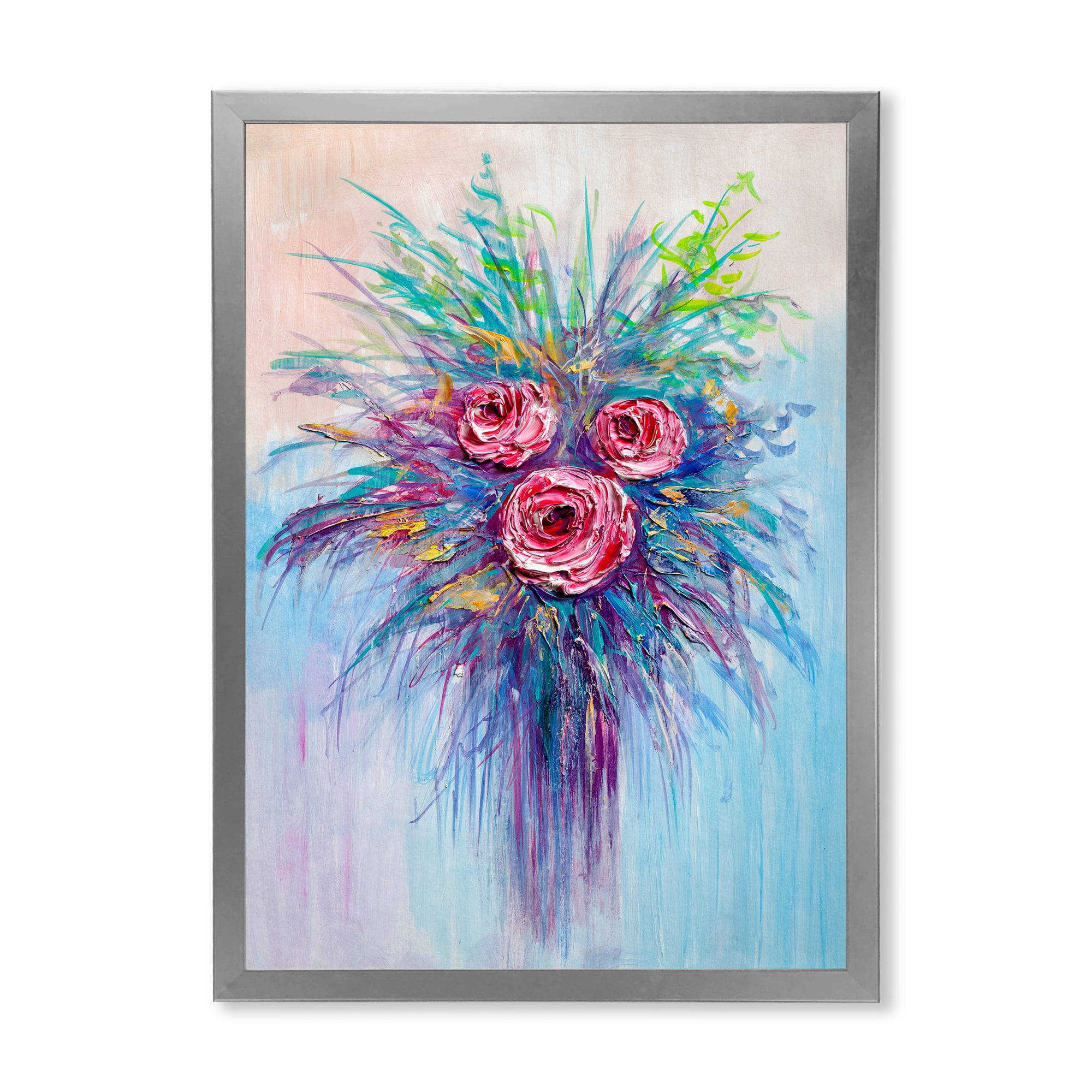 Designart 'Bouquet Of Red Roses In A Vase On Blue' Traditional Framed Art Print