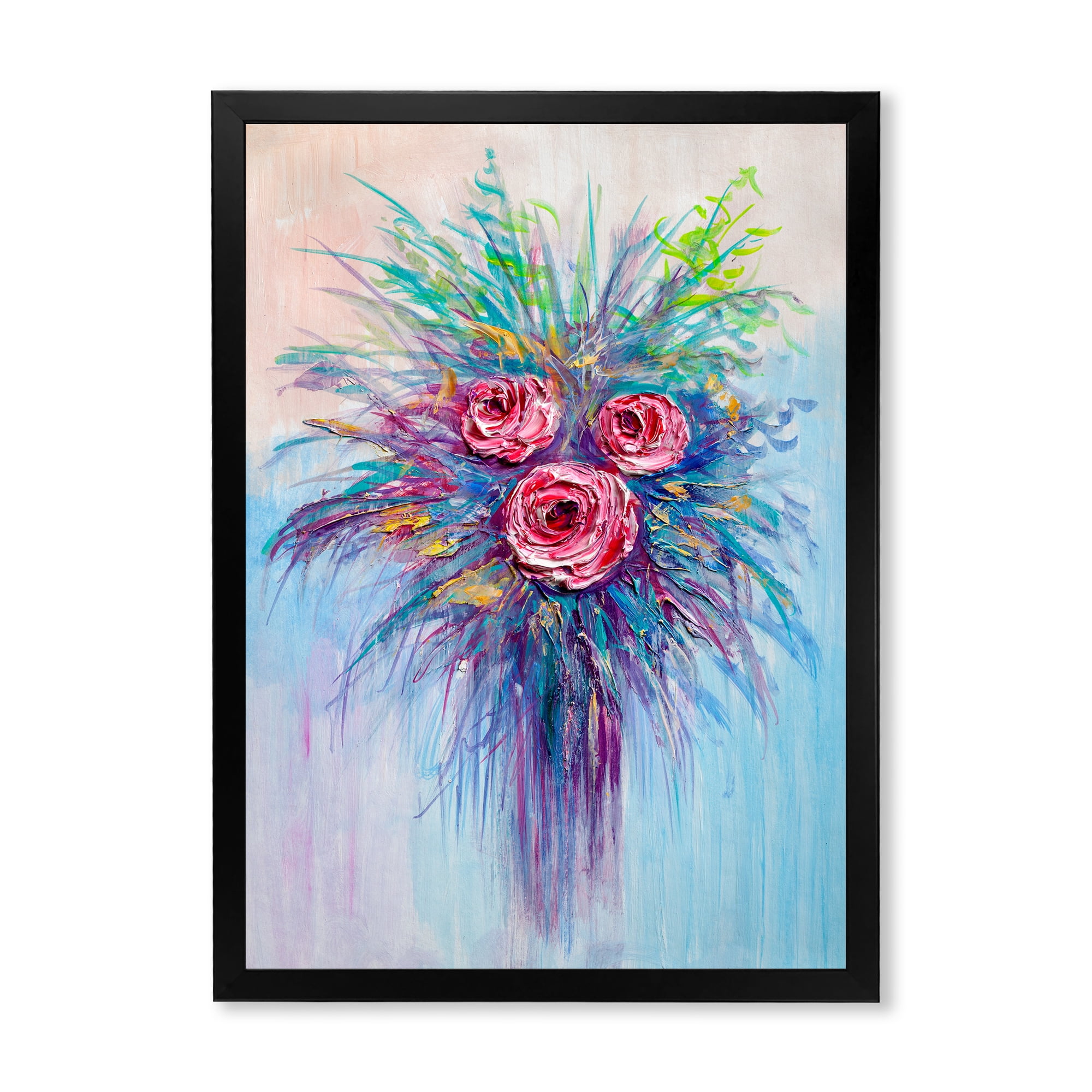 Designart 'Bouquet Of Red Roses In A Vase On Blue' Traditional Framed Art Print