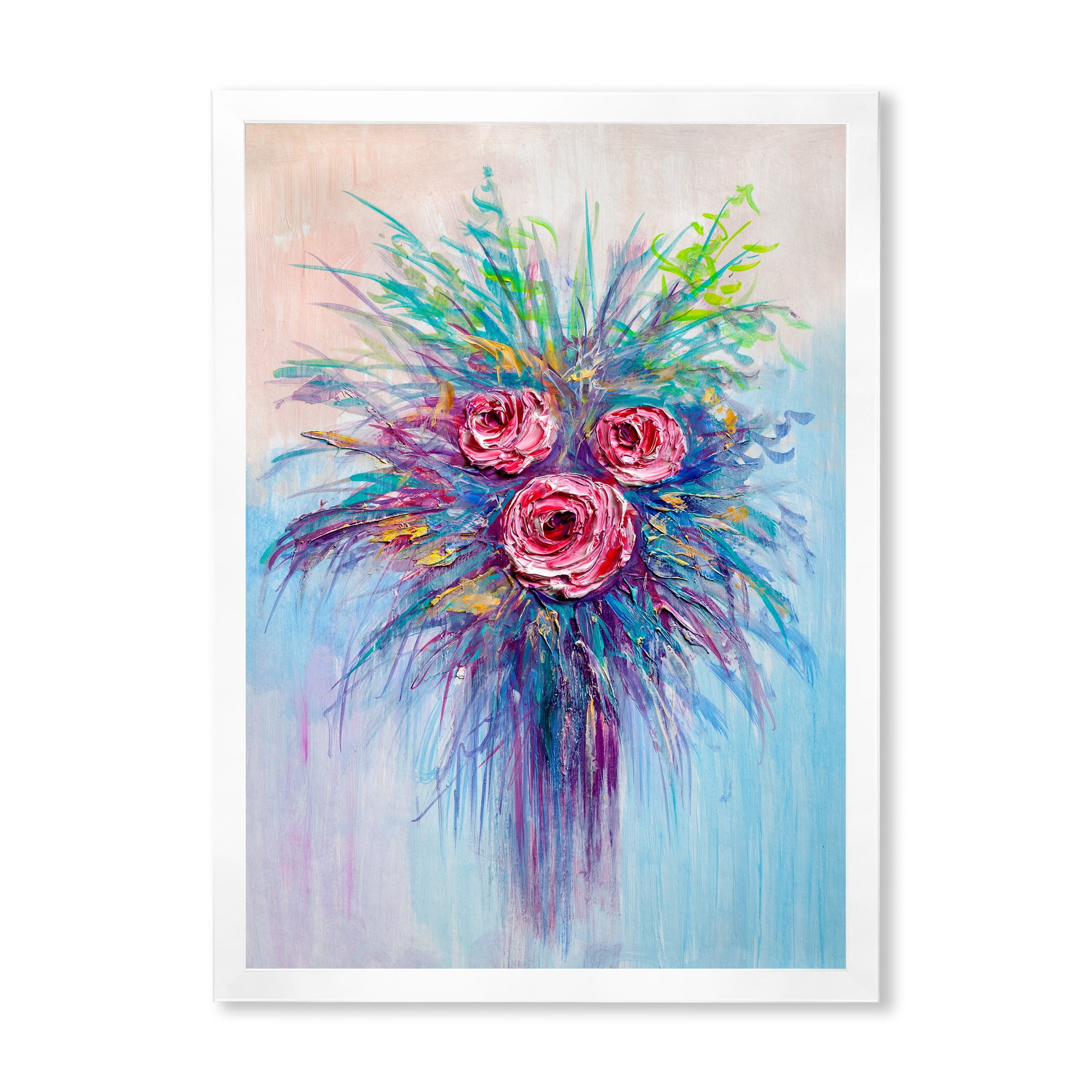 Designart 'Bouquet Of Red Roses In A Vase On Blue' Traditional Framed Art Print