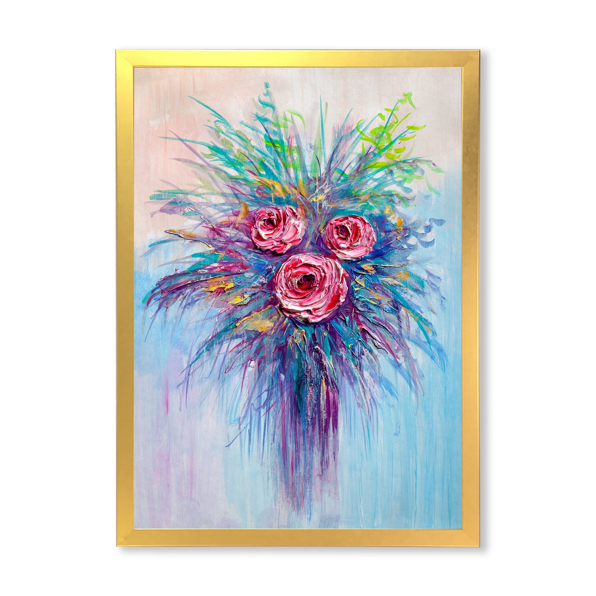 Designart 'Bouquet Of Red Roses In A Vase On Blue' Traditional Framed Art Print