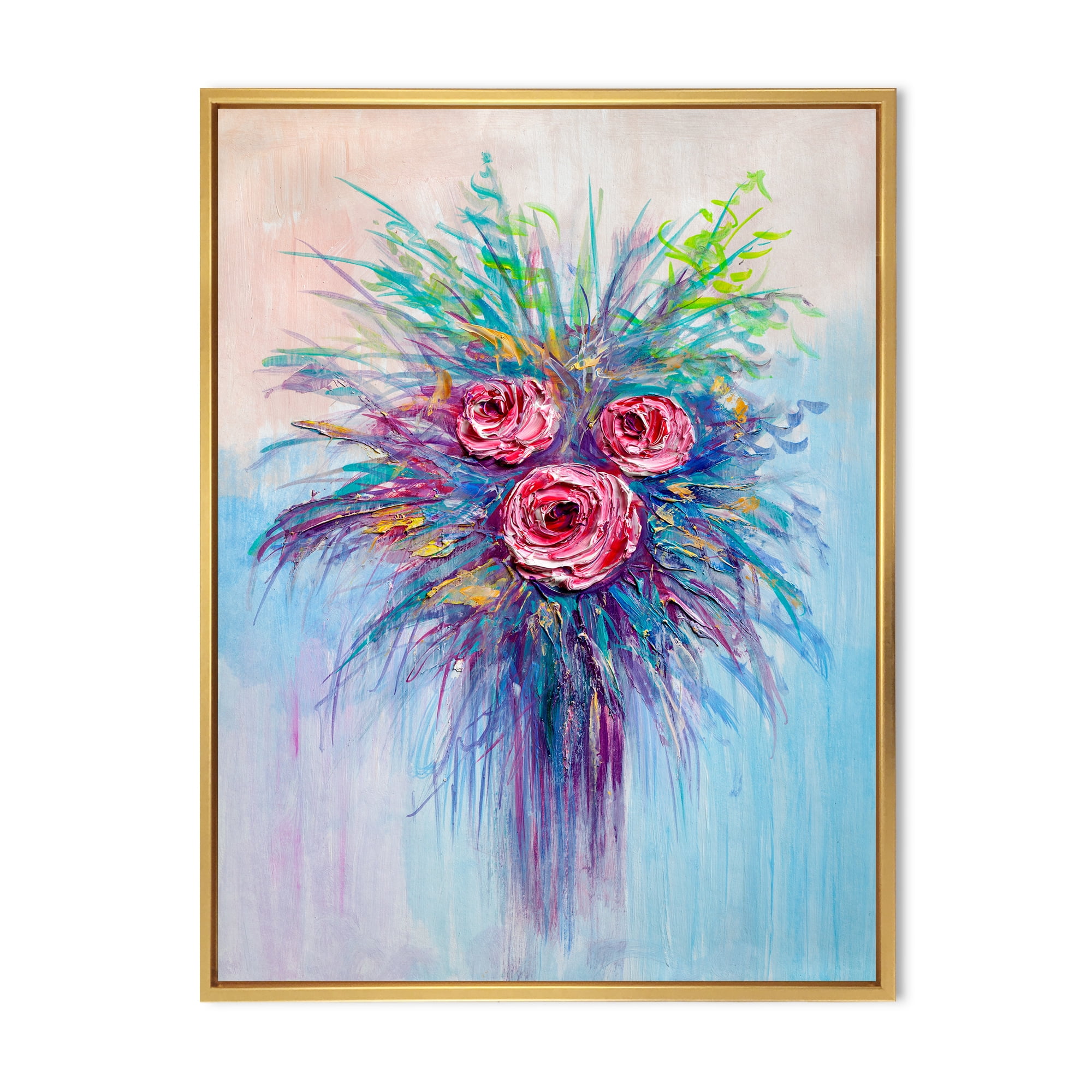 Designart 'Bouquet Of Red Roses In A Vase On Blue' Traditional Framed Canvas Wall Art Print