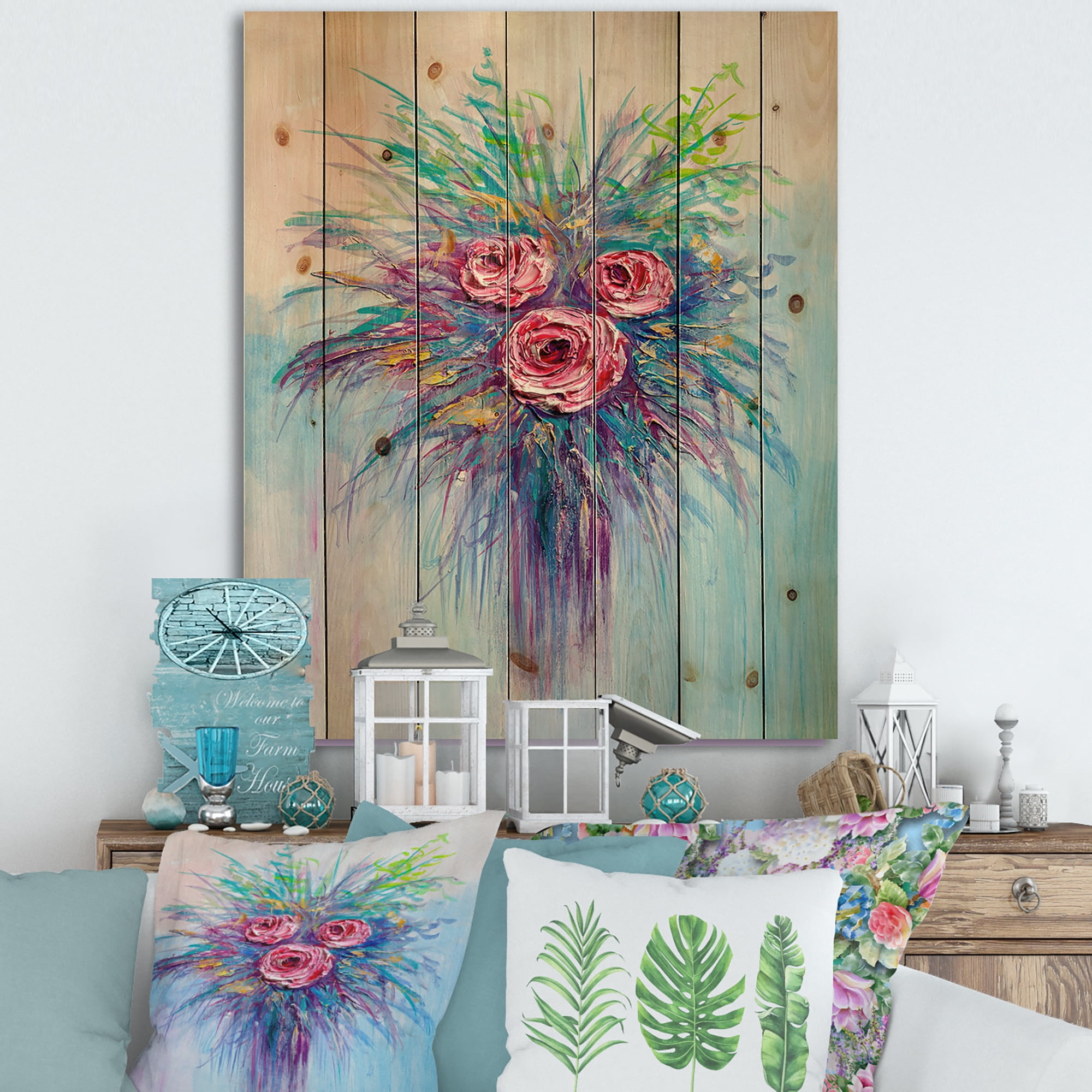 Designart 'Bouquet Of Red Roses In A Vase On Blue' Traditional Print on Natural Pine Wood
