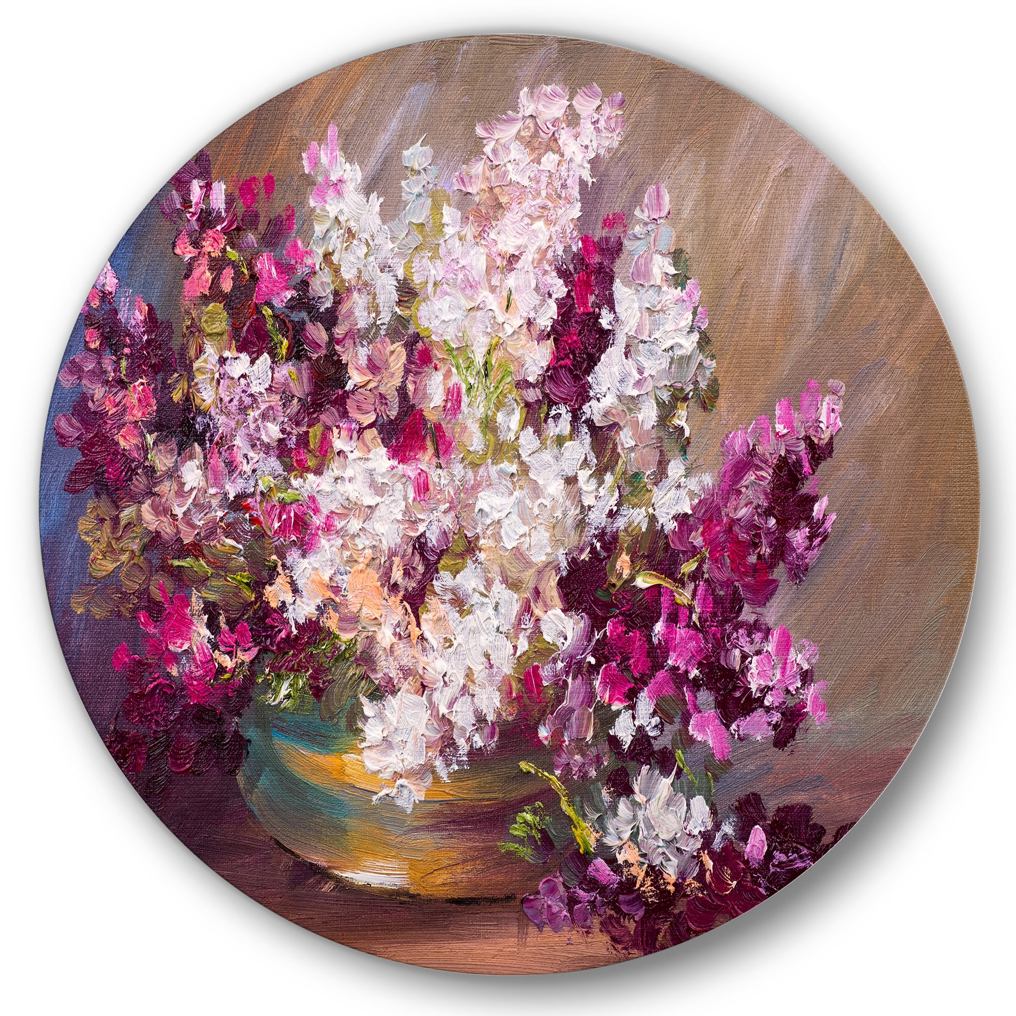 Designart 'Bouquet Of Still Life Lilacs ' Traditional Circle Metal Wall Art 23x23 - Disc of 23