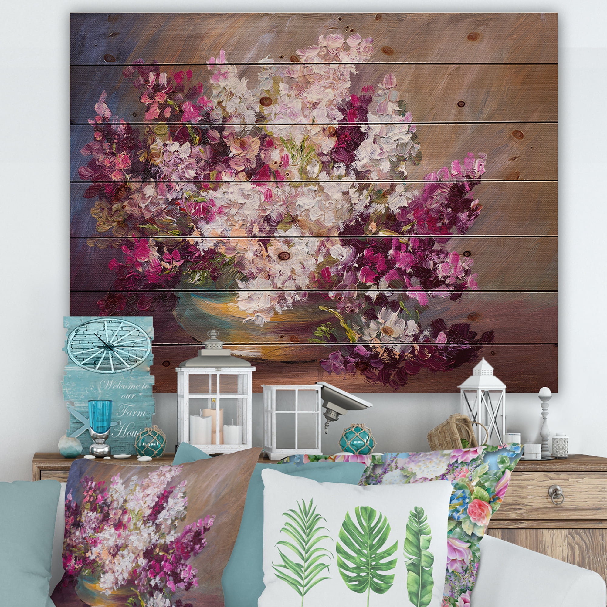 Designart 'Bouquet Of Still Life Lilacs ' Traditional Print on Natural Pine Wood