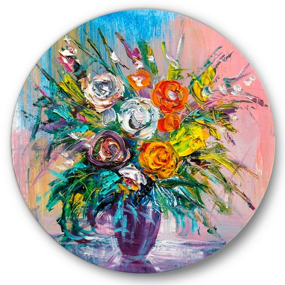 Designart 'Bouquet Of Vibrant Colored Flowers' Traditional Circle Metal Wall Art 23x23 - Disc of 23