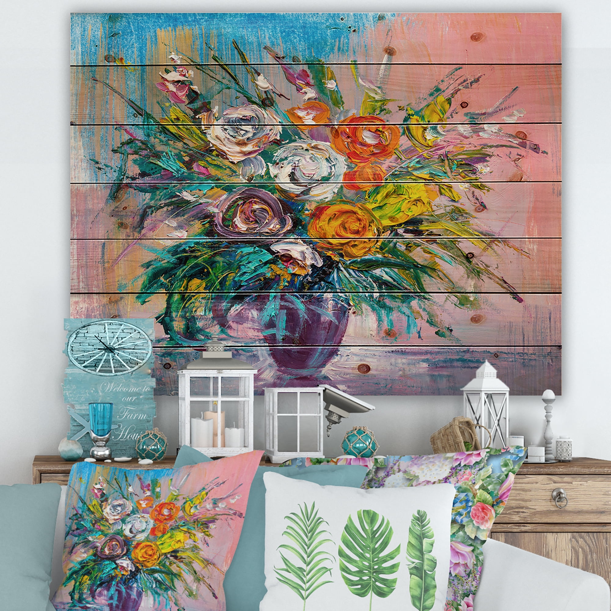 Designart 'Bouquet Of Vibrant Colored Flowers' Traditional Print on Natural Pine Wood