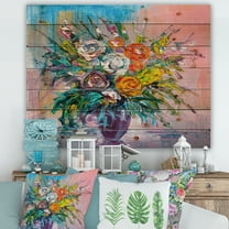 Designart 'Bouquet Of Vibrant Colored Flowers' Traditional Print on Natural Pine Wood