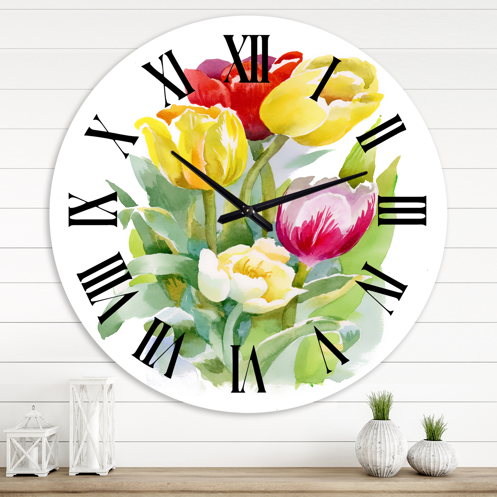 Designart 'Bouquet Of White And Red Tulips' Traditional Wall Clock
