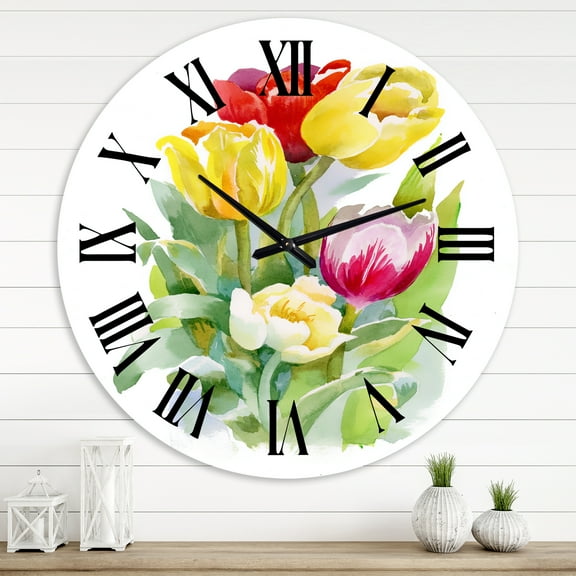 Designart 'Bouquet Of White And Red Tulips' Traditional Wall Clock