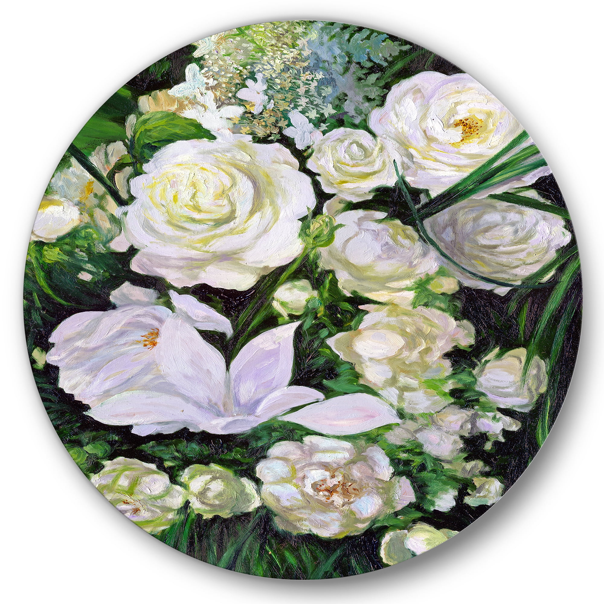 Designart 'Bouquet Of White Roses With Green Leaves' Traditional Circle Metal Wall Art 29x29 - Disc of 29
