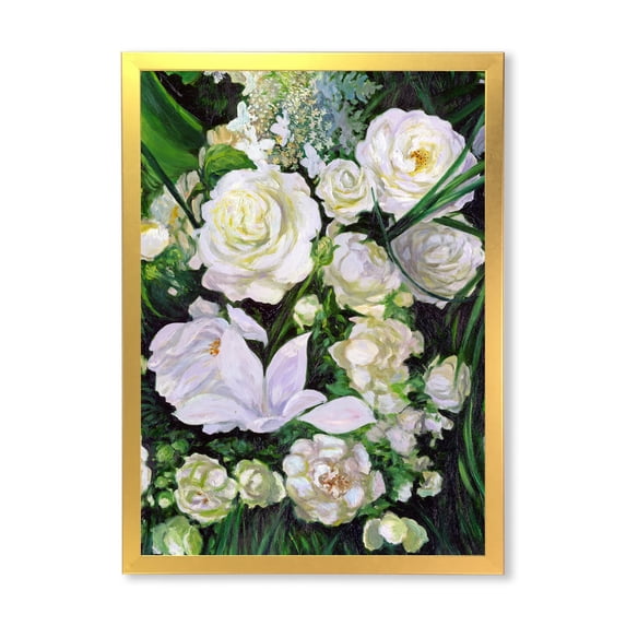 Designart 'Bouquet Of White Roses With Green Leaves' Traditional Framed Art Print