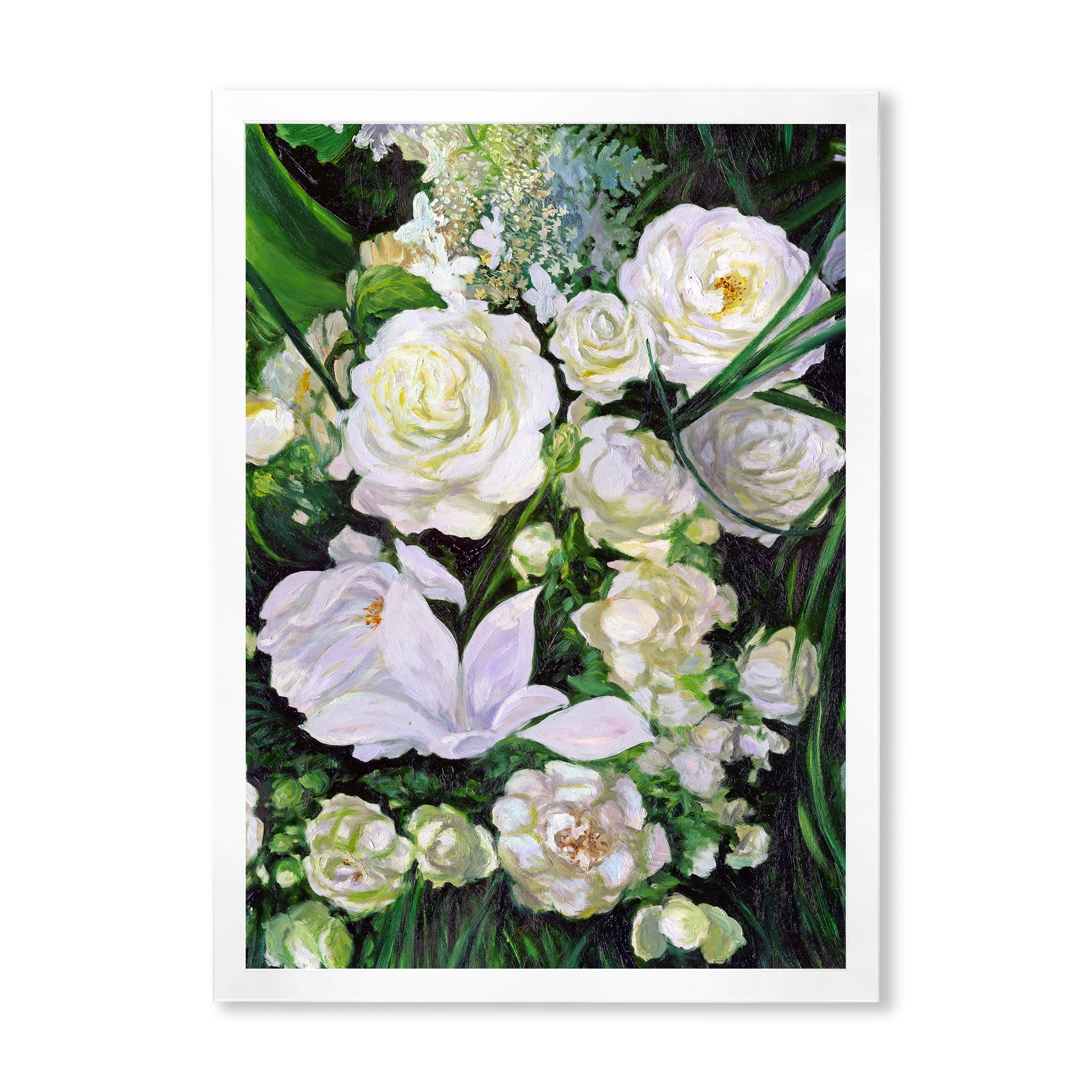Designart 'Bouquet Of White Roses With Green Leaves' Traditional Framed Art Print