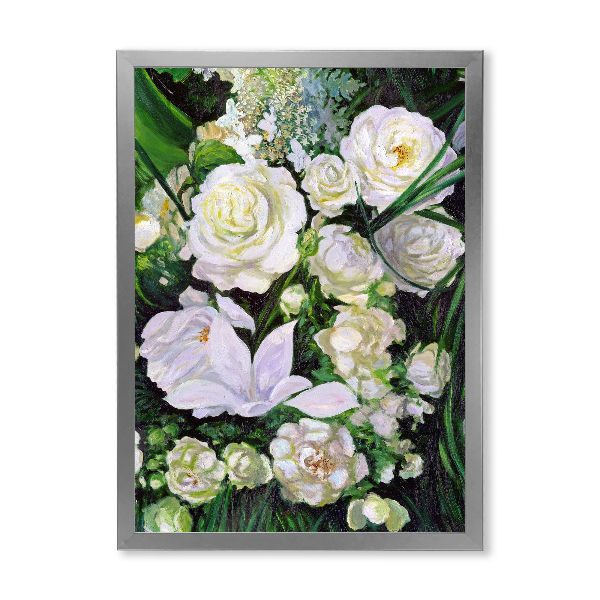 Designart 'Bouquet Of White Roses With Green Leaves' Traditional Framed Art Print