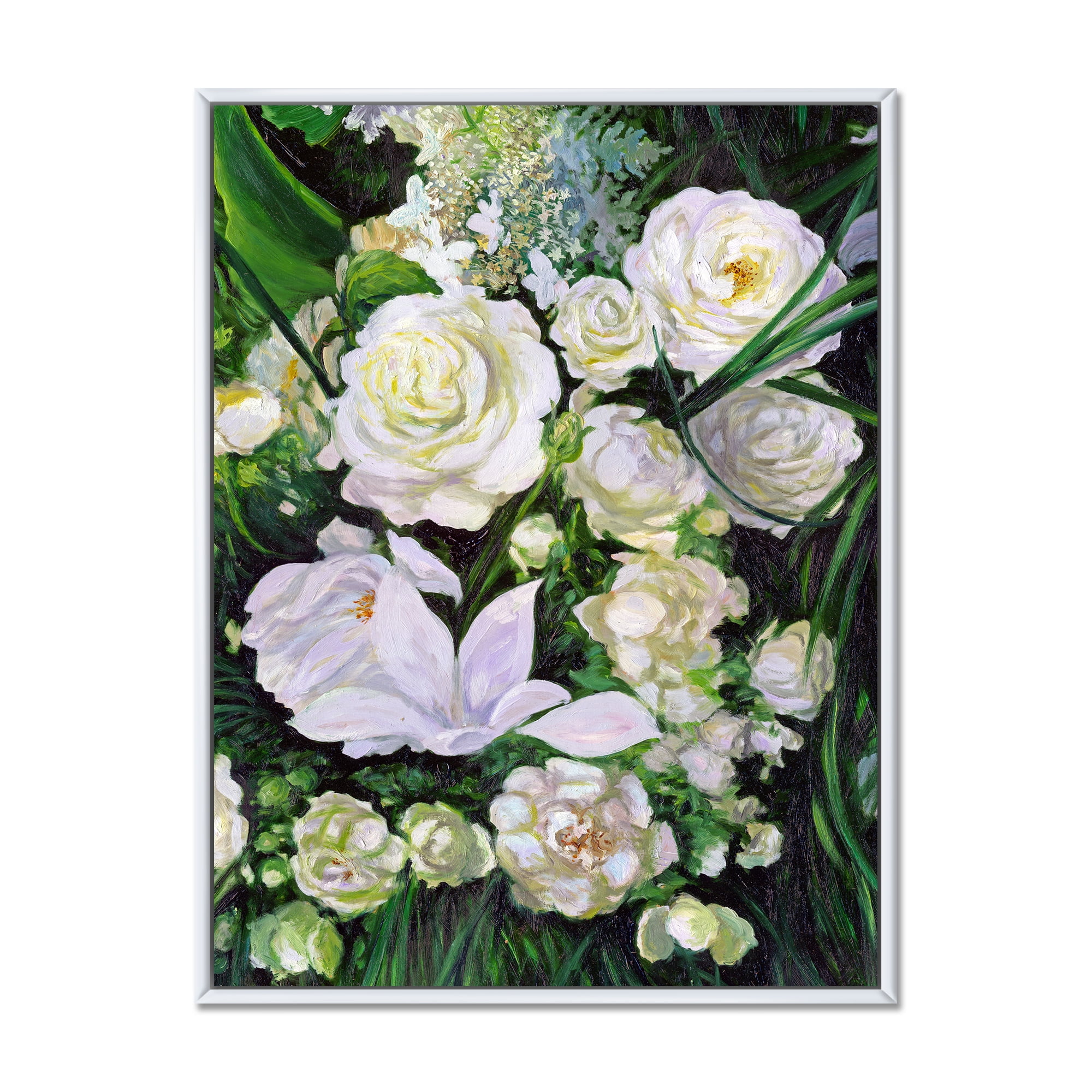 Designart 'Bouquet Of White Roses With Green Leaves' Traditional Framed Canvas Wall Art Print