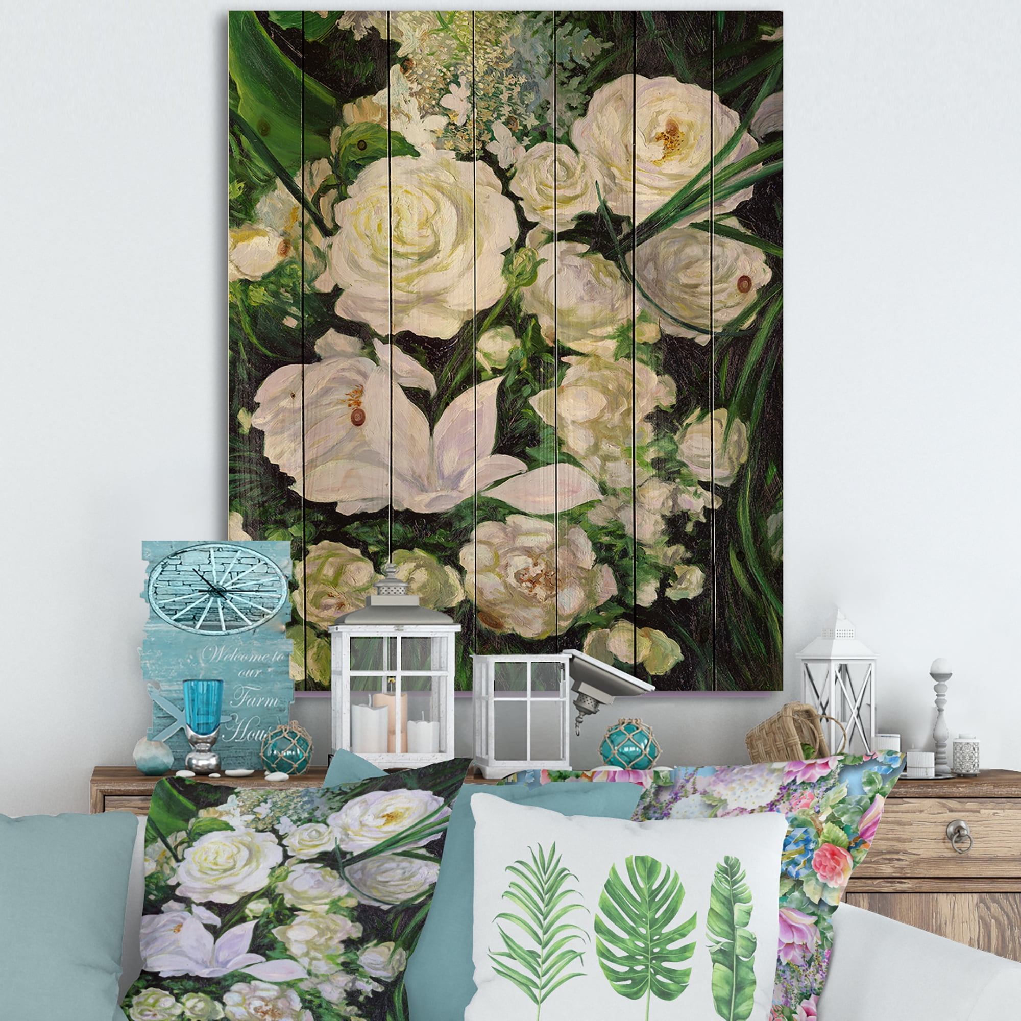 Designart 'Bouquet Of White Roses With Green Leaves' Traditional Print on Natural Pine Wood