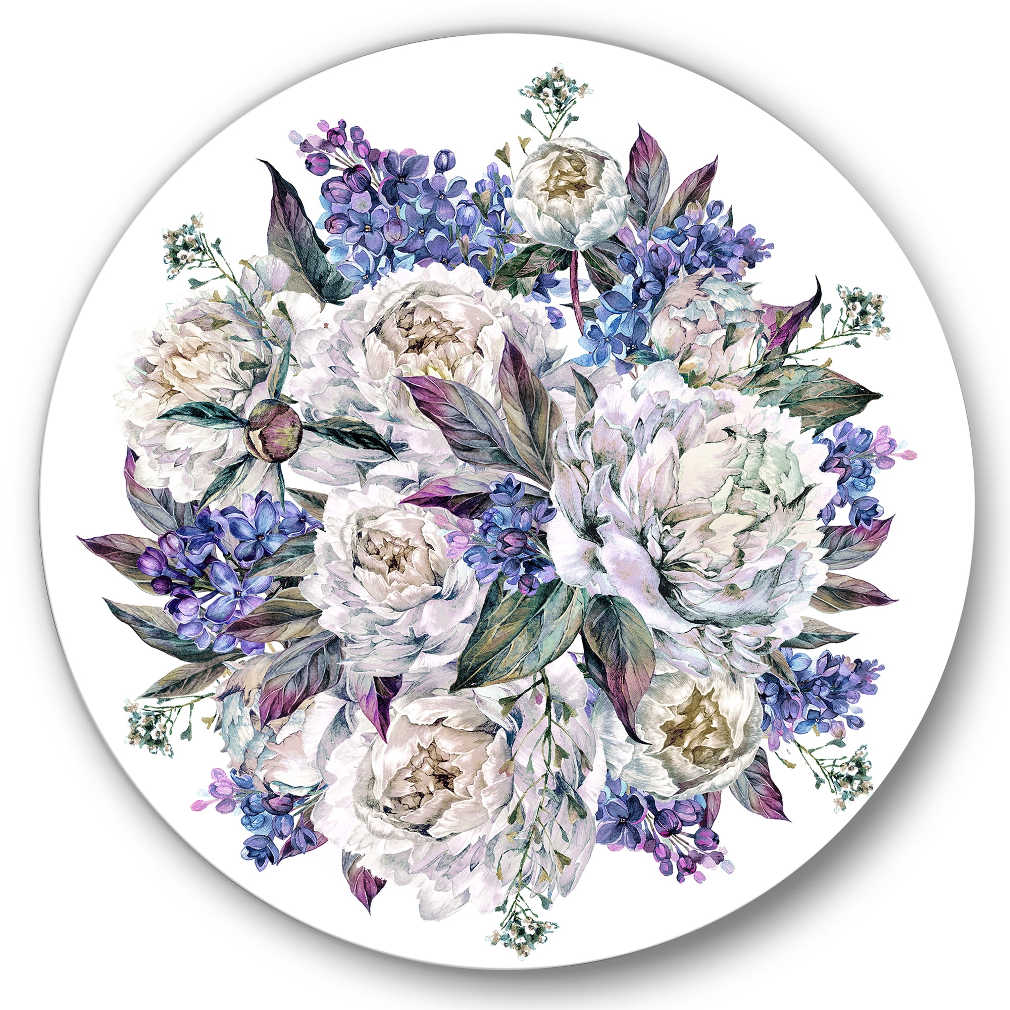 Designart 'Bouquet Peonies In Blue and White' Traditional Circle Metal Wall Art 23x23 - Disc of 23