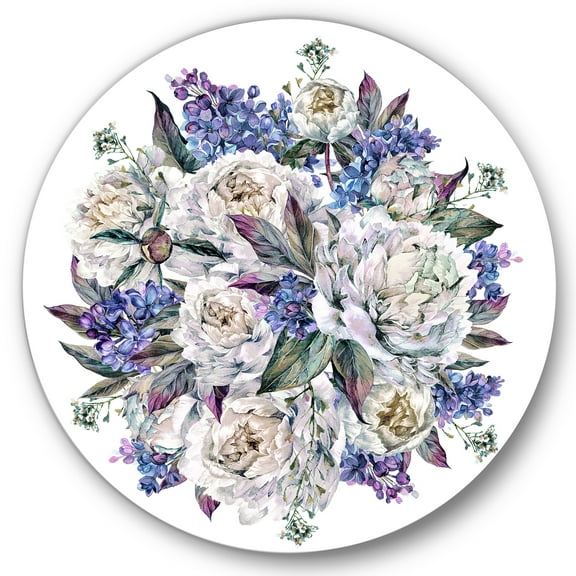 Designart 'Bouquet Peonies In Blue and White' Traditional Circle Metal Wall Art 36x36 - Disc of 36