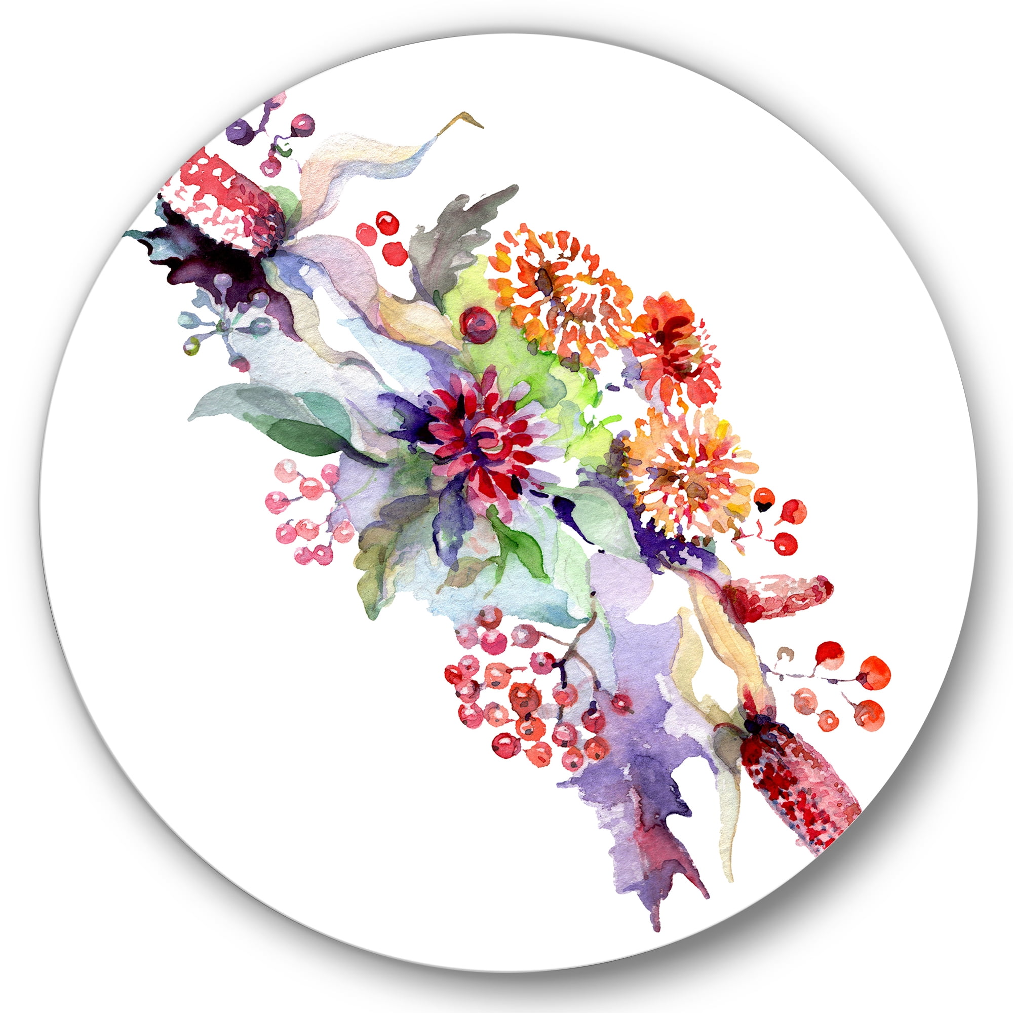 Designart 'Bouquet With Berries and Wildglowers' Traditional Circle Metal Wall Art 29x29 - Disc of 29