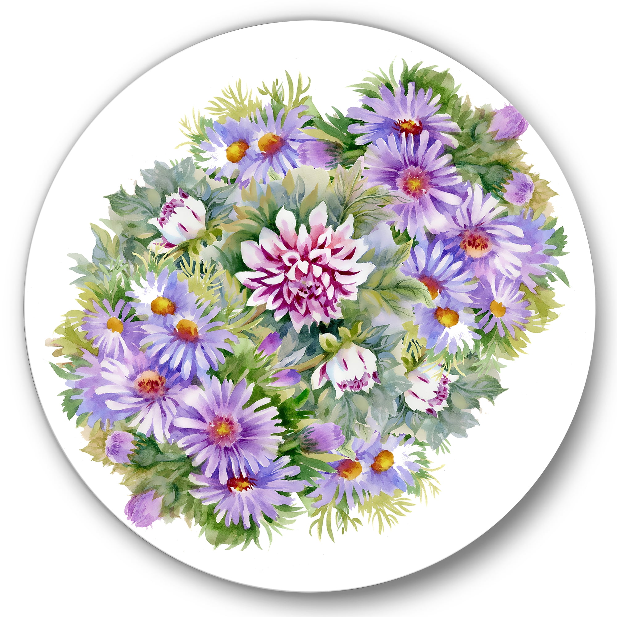 Designart 'Bouquet With Daisies and Purple Chrysanthemums' Traditional Circle Metal Wall Art 29x29 - Disc of 29
