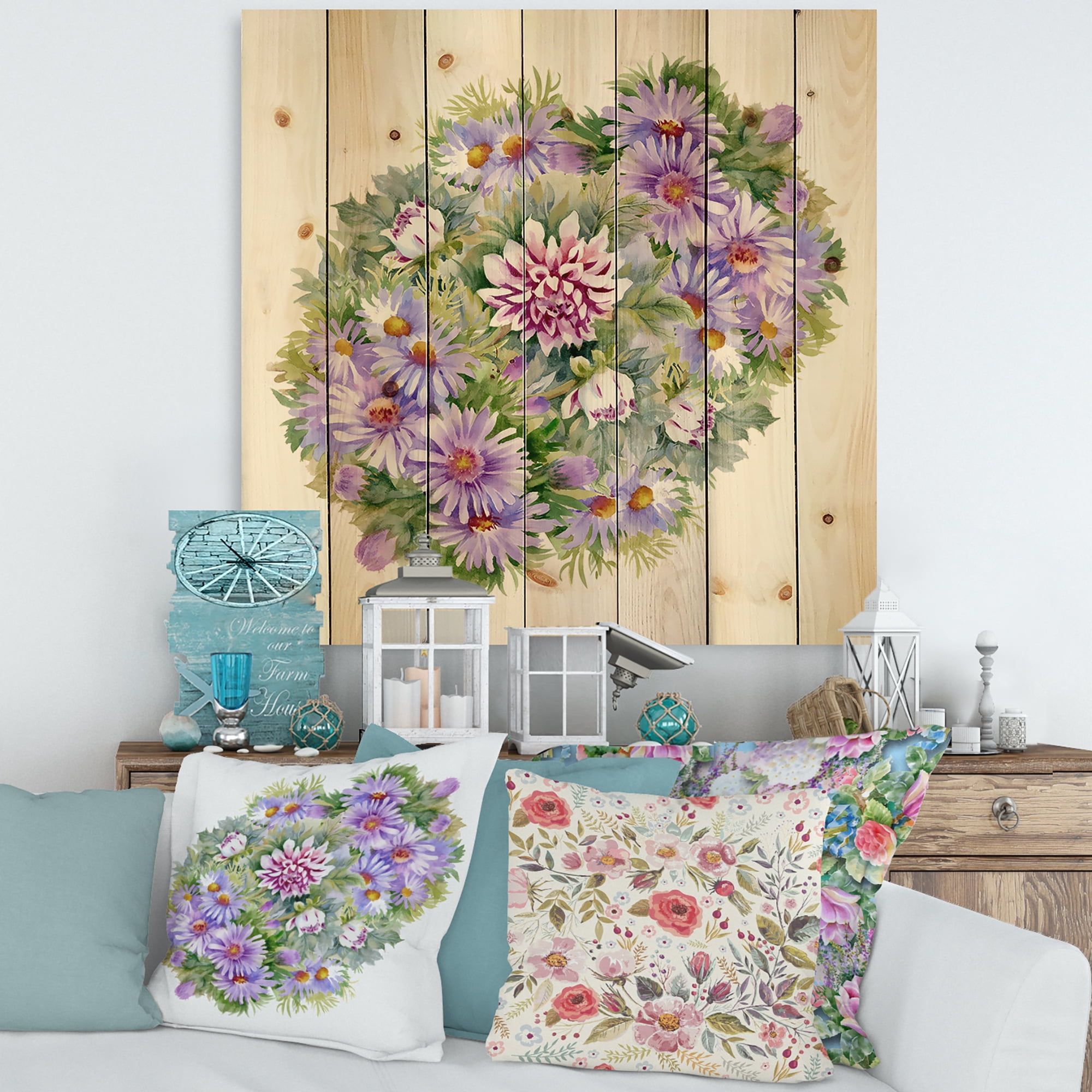Designart 'Bouquet With Daisies and Purple Chrysanthemums' Traditional Print on Natural Pine Wood