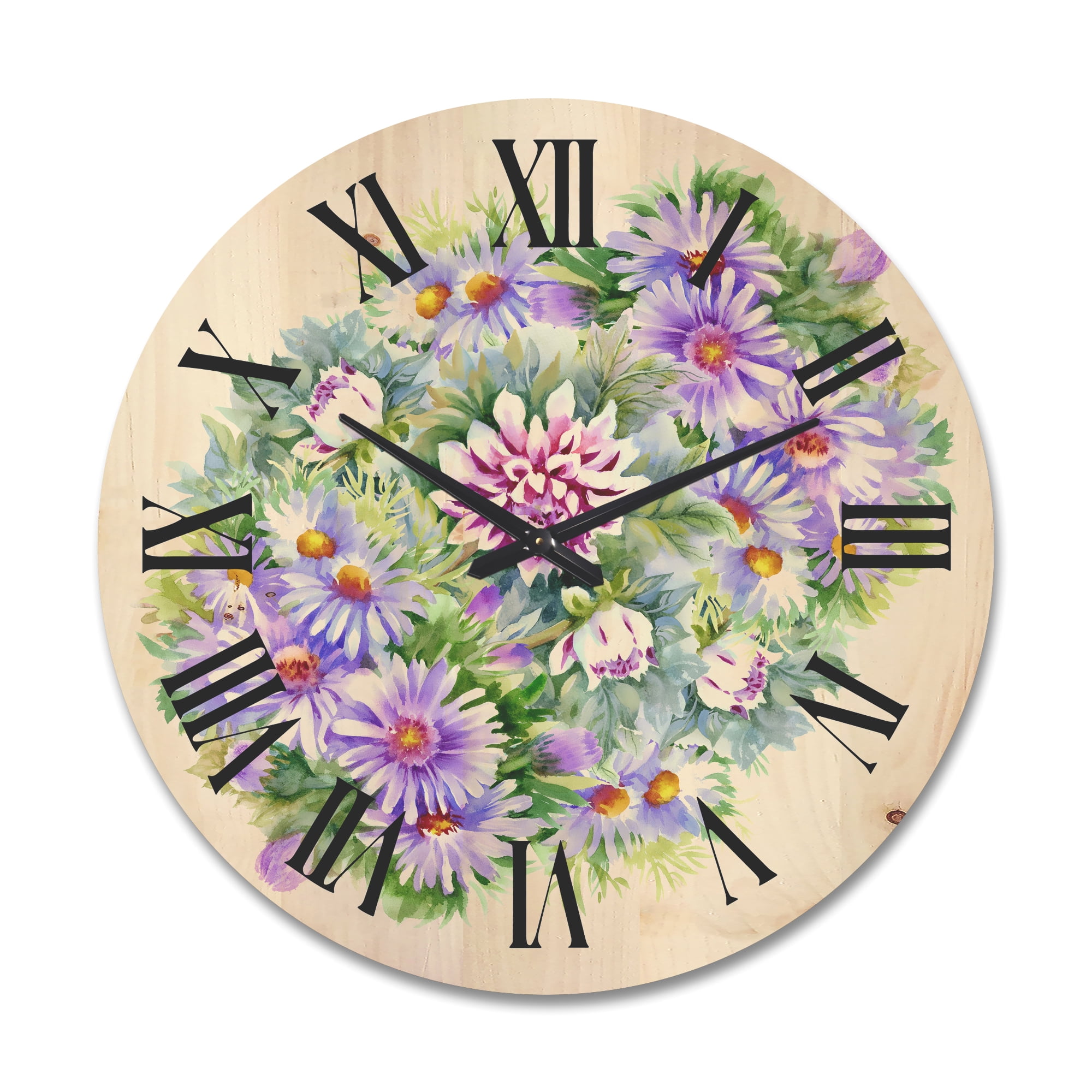 Designart 'Bouquet With Daisies and Purple Chrysanthemums' Traditional Wood Wall Clock