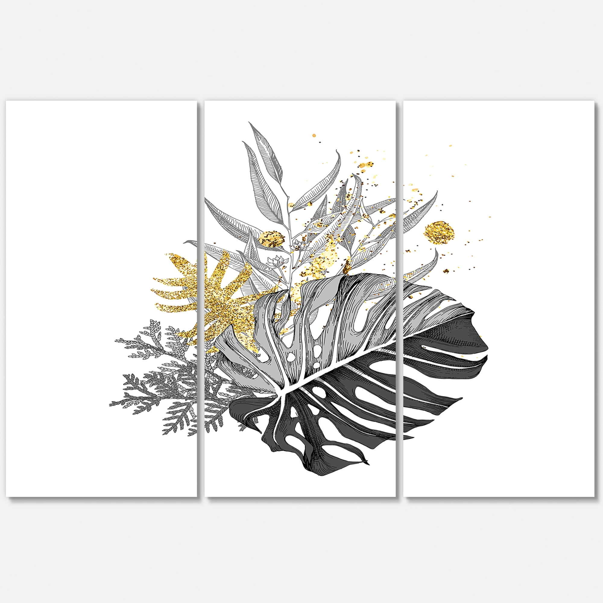 Designart ' Bouquet With Golden Tropical Leaves and Monochrome ' Tropical Canvas Wall Art Print