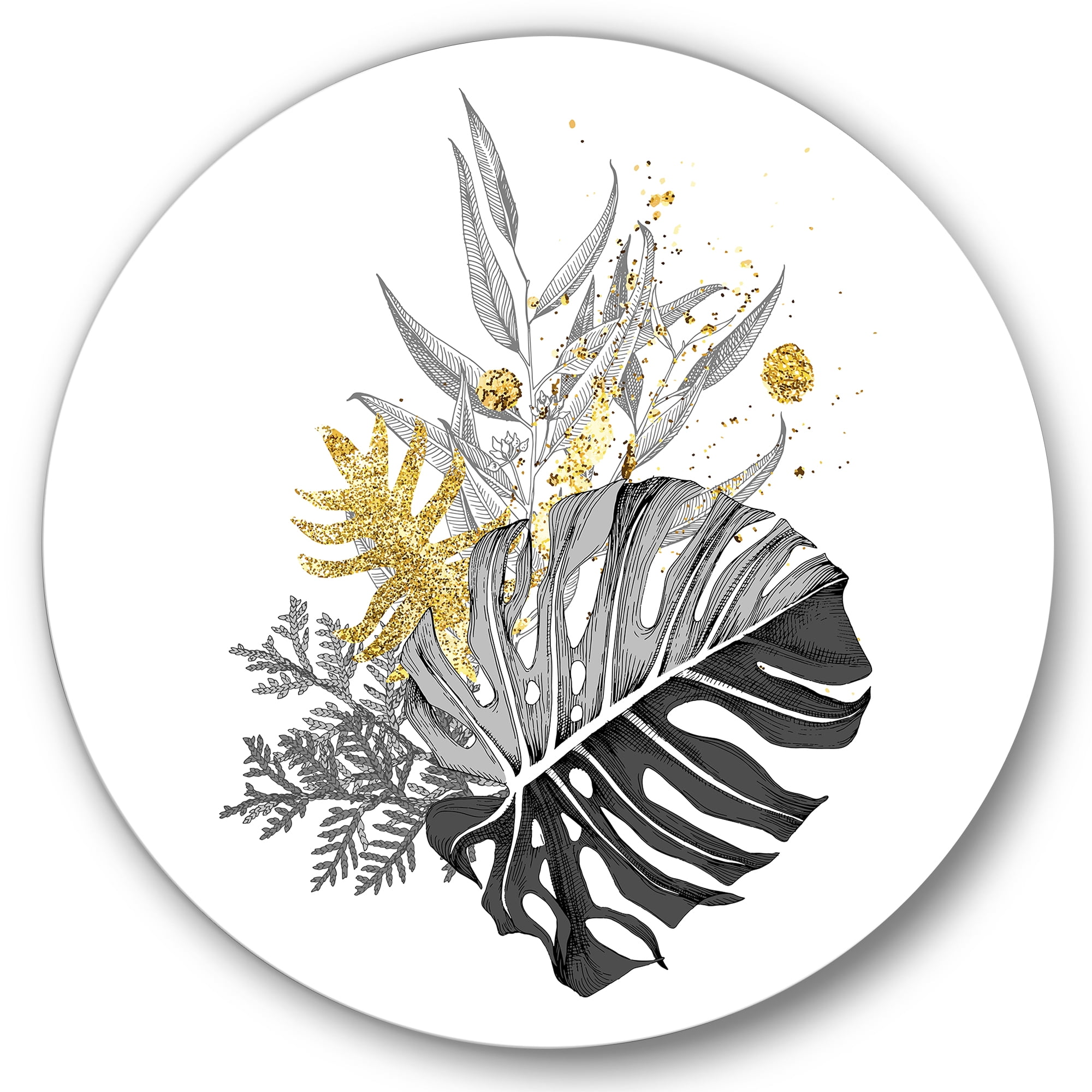 Designart 'Bouquet With Golden Tropical Leaves and Monochrome' Tropical Circle Metal Wall Art 29x29 - Disc of 29