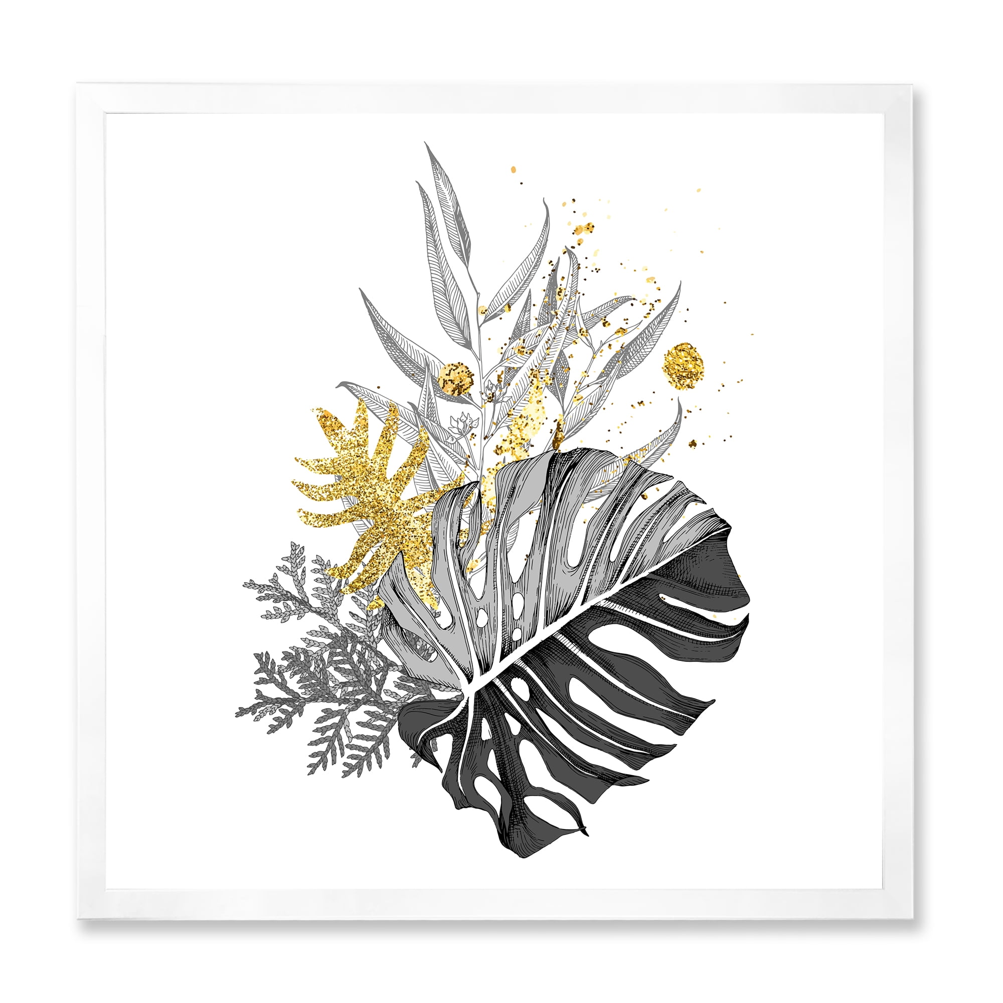 Designart 'Bouquet With Golden Tropical Leaves and Monochrome' Tropical Framed Art Print