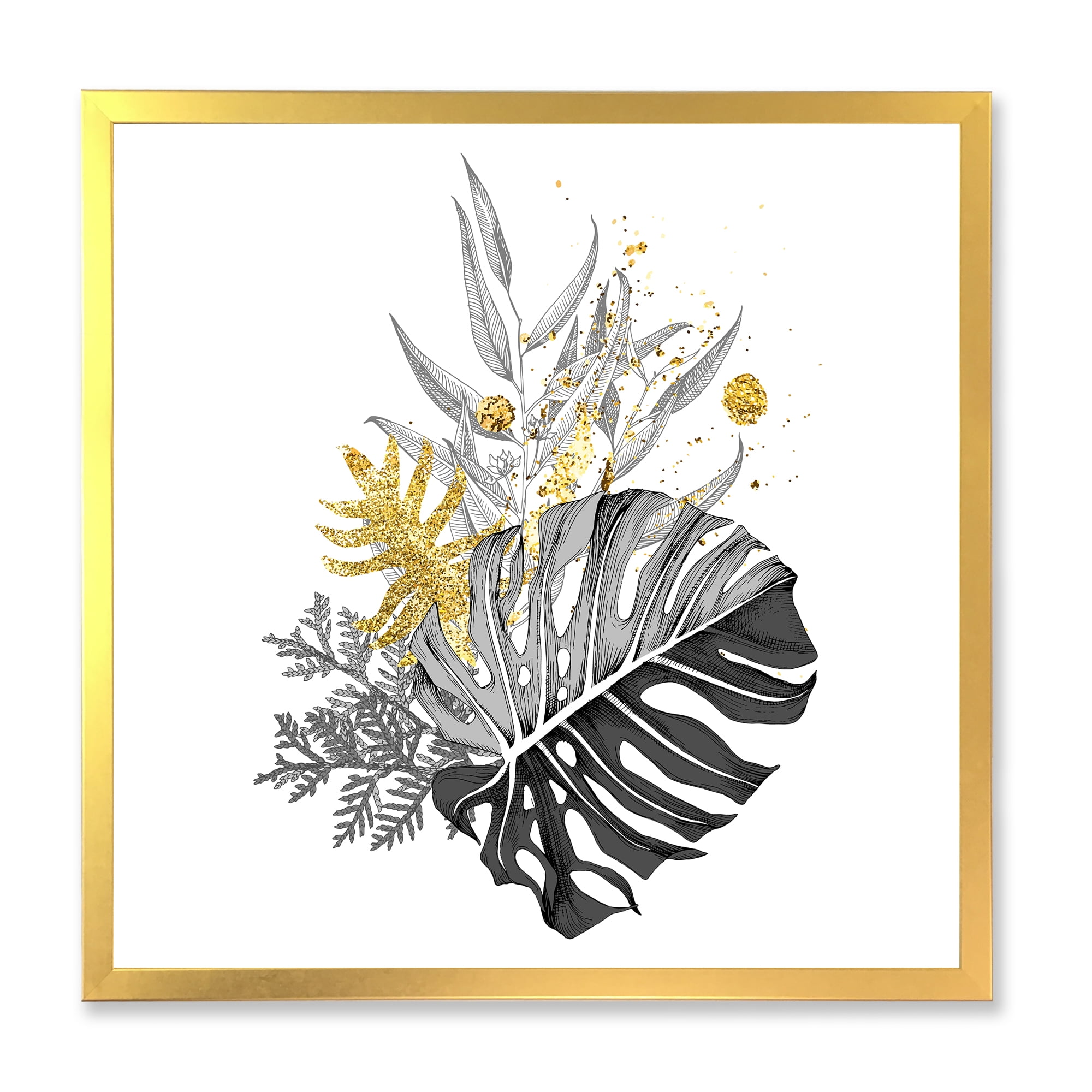 Designart 'Bouquet With Golden Tropical Leaves and Monochrome' Tropical Framed Art Print