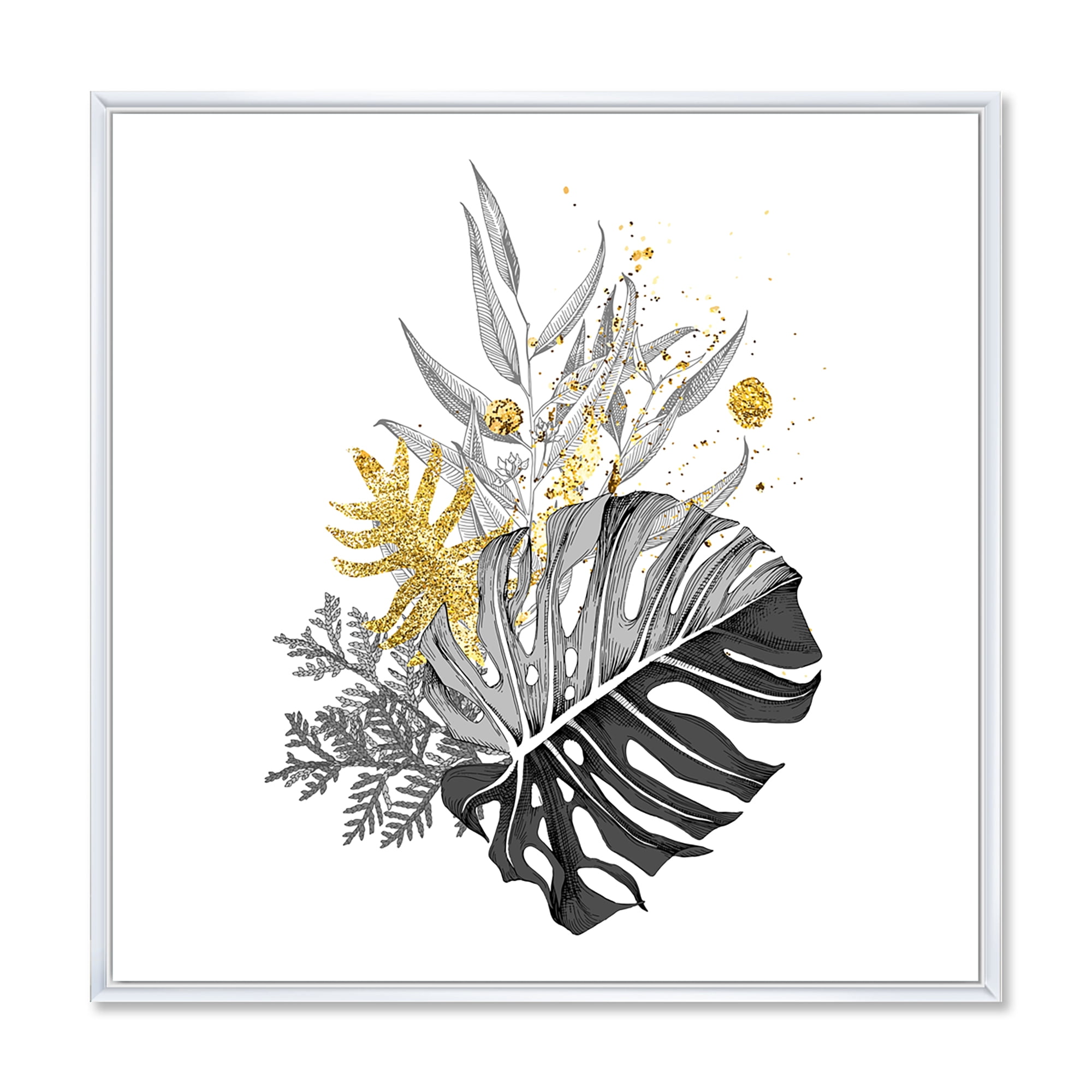 Designart 'Bouquet With Golden Tropical Leaves and Monochrome' Tropical Framed Canvas Wall Art Print