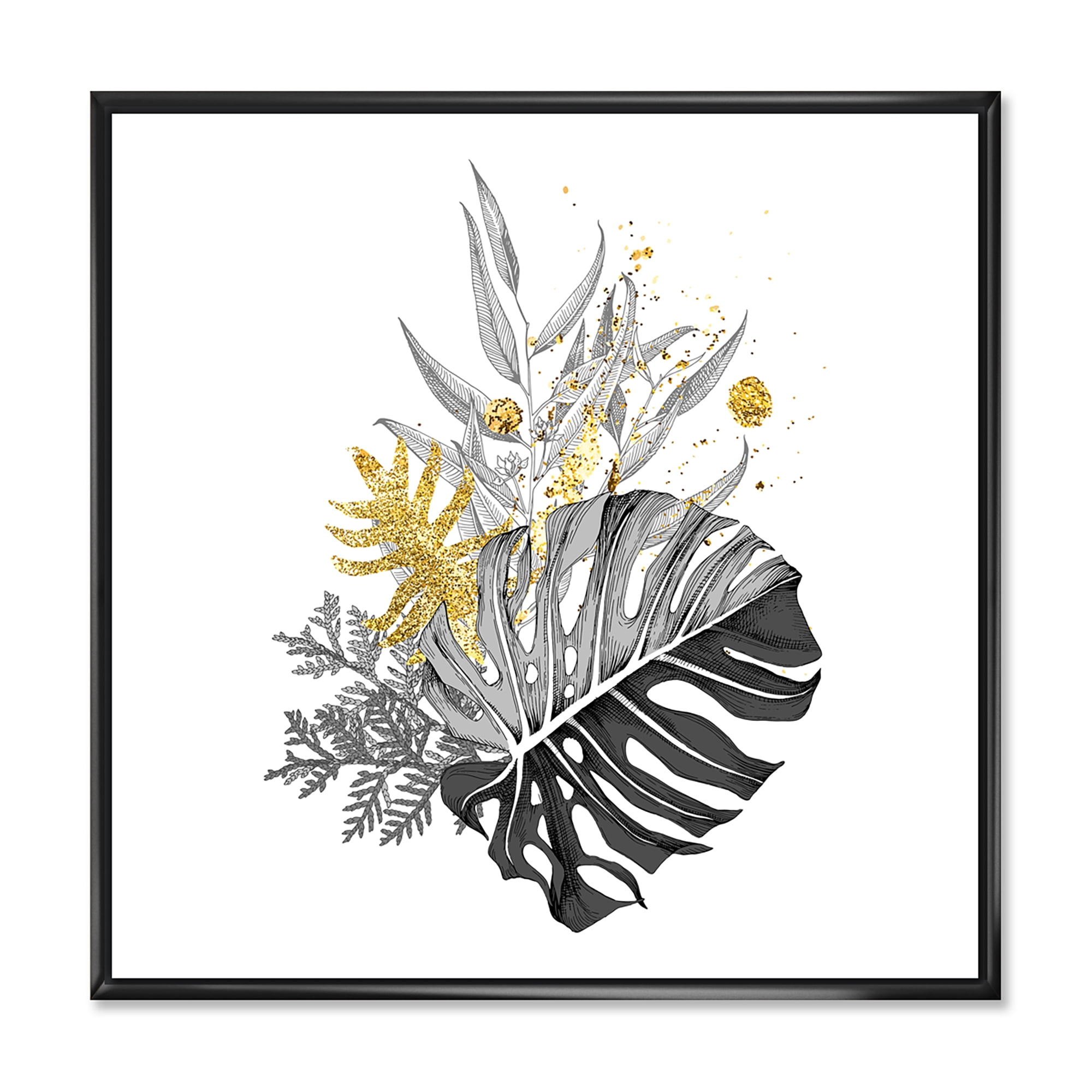 Designart 'Bouquet With Golden Tropical Leaves and Monochrome' Tropical Framed Canvas Wall Art Print