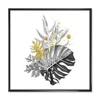 Designart 'Bouquet With Golden Tropical Leaves and Monochrome' Tropical Framed Canvas Wall Art Print